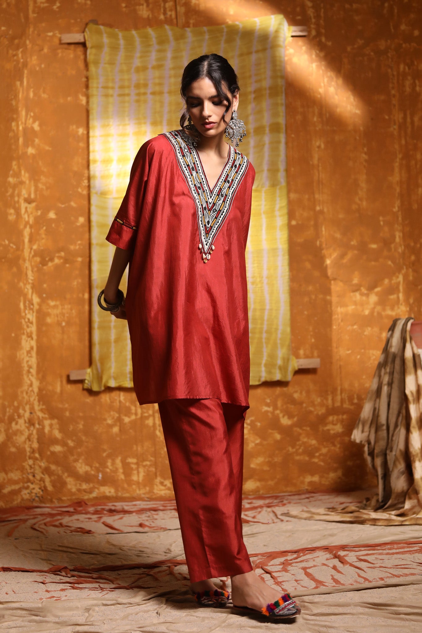 Maroon V-Neck Tribal Embroidery Silk Cape With Pant