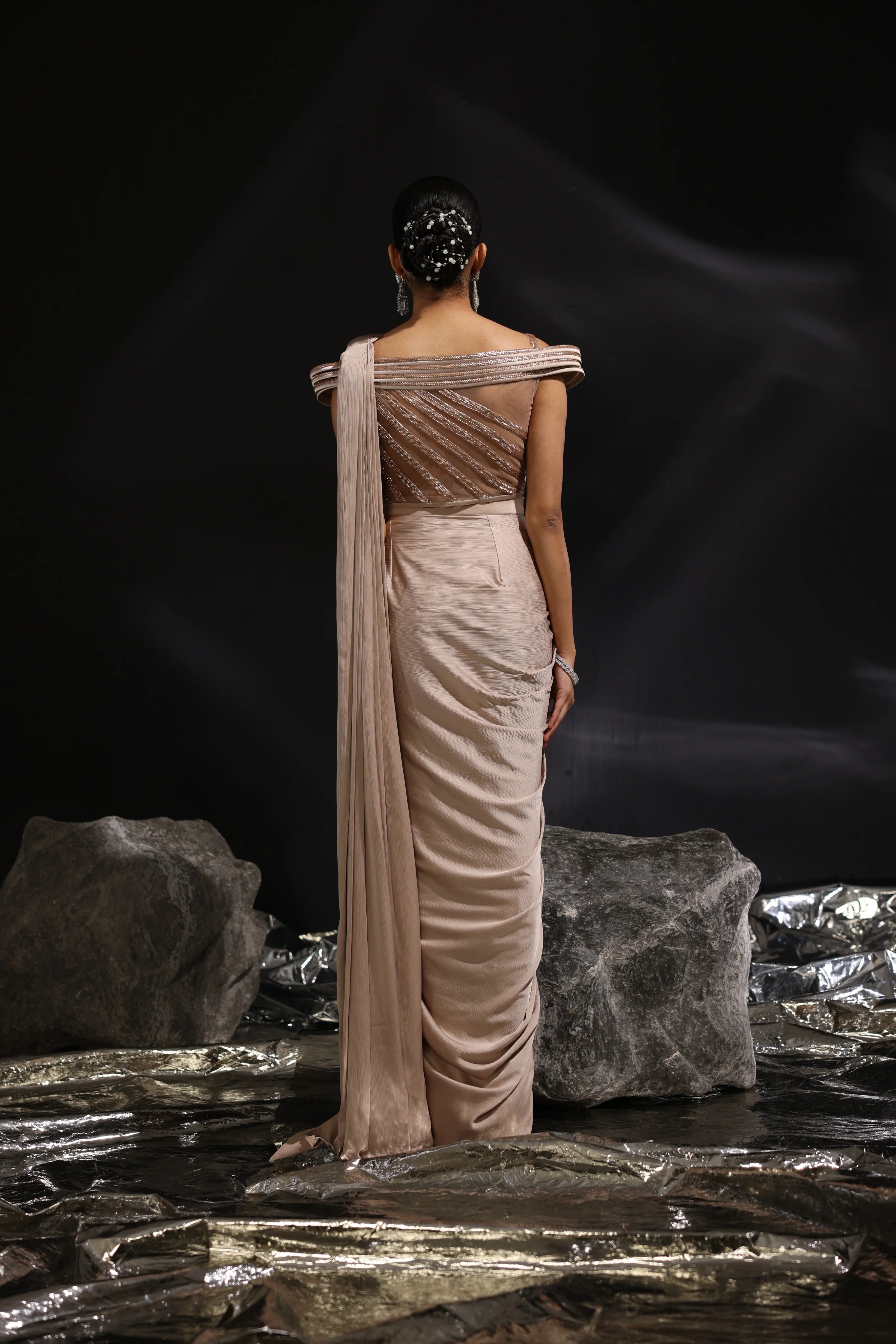 Mocha Embellished Pre Draped Saree