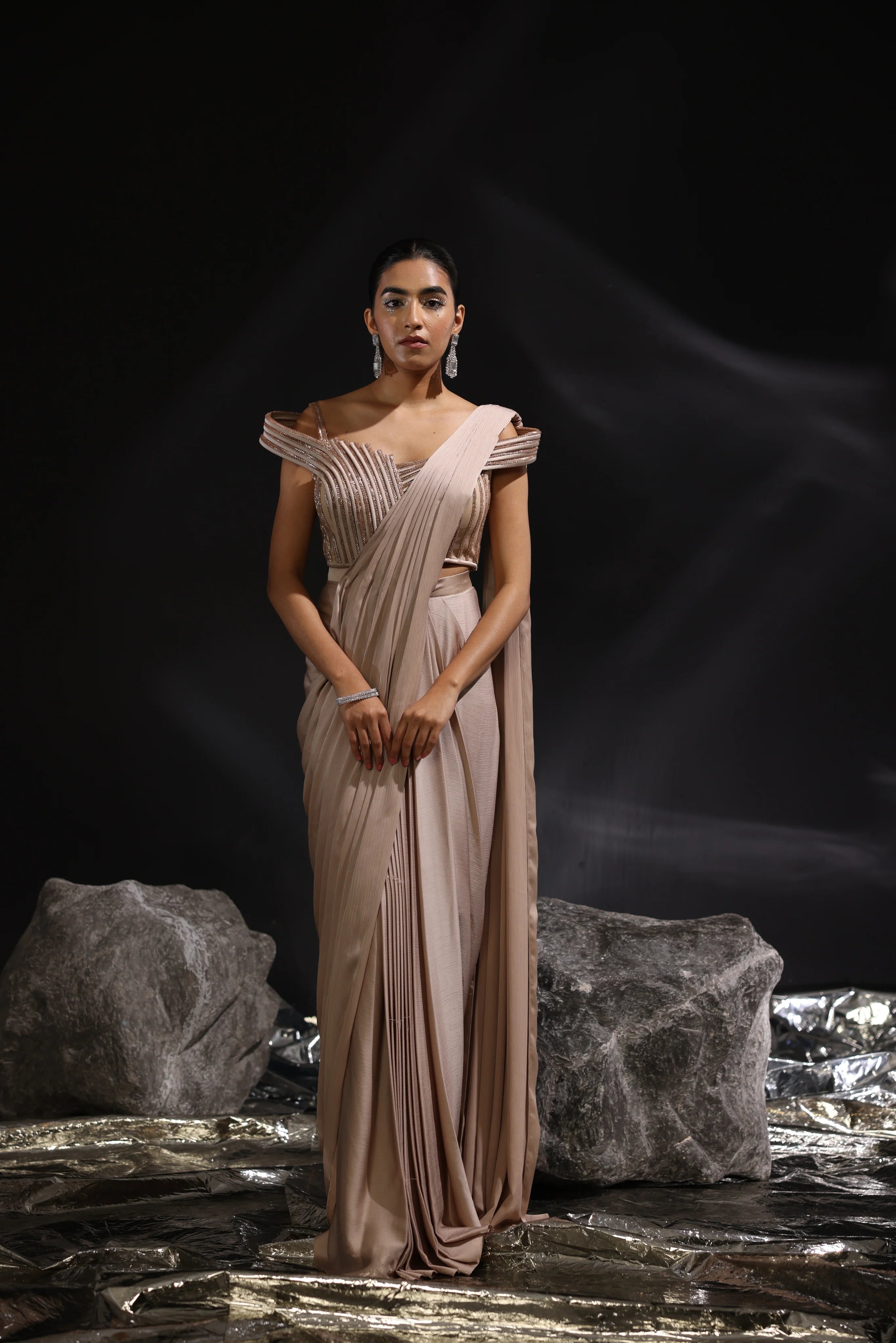 Mocha Embellished Pre Draped Saree