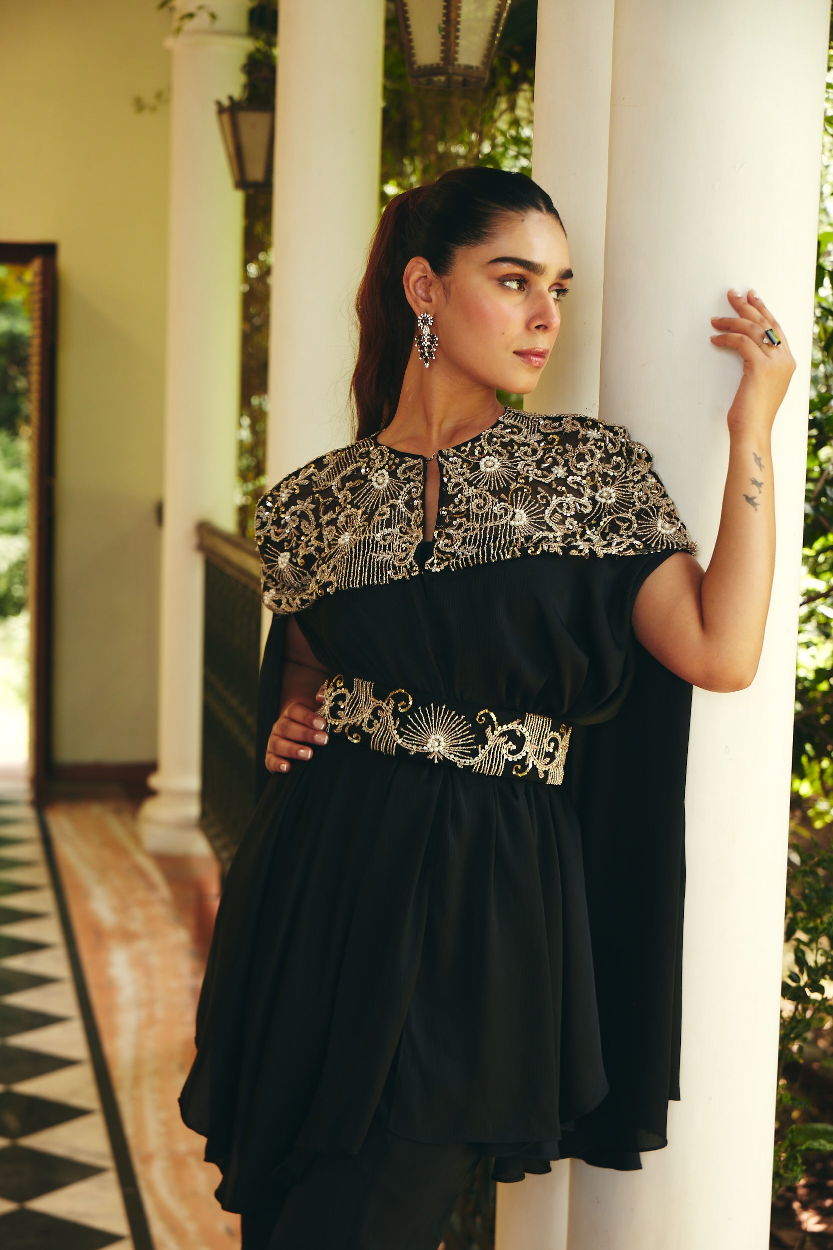 Embroidered Jade Black Cape Set