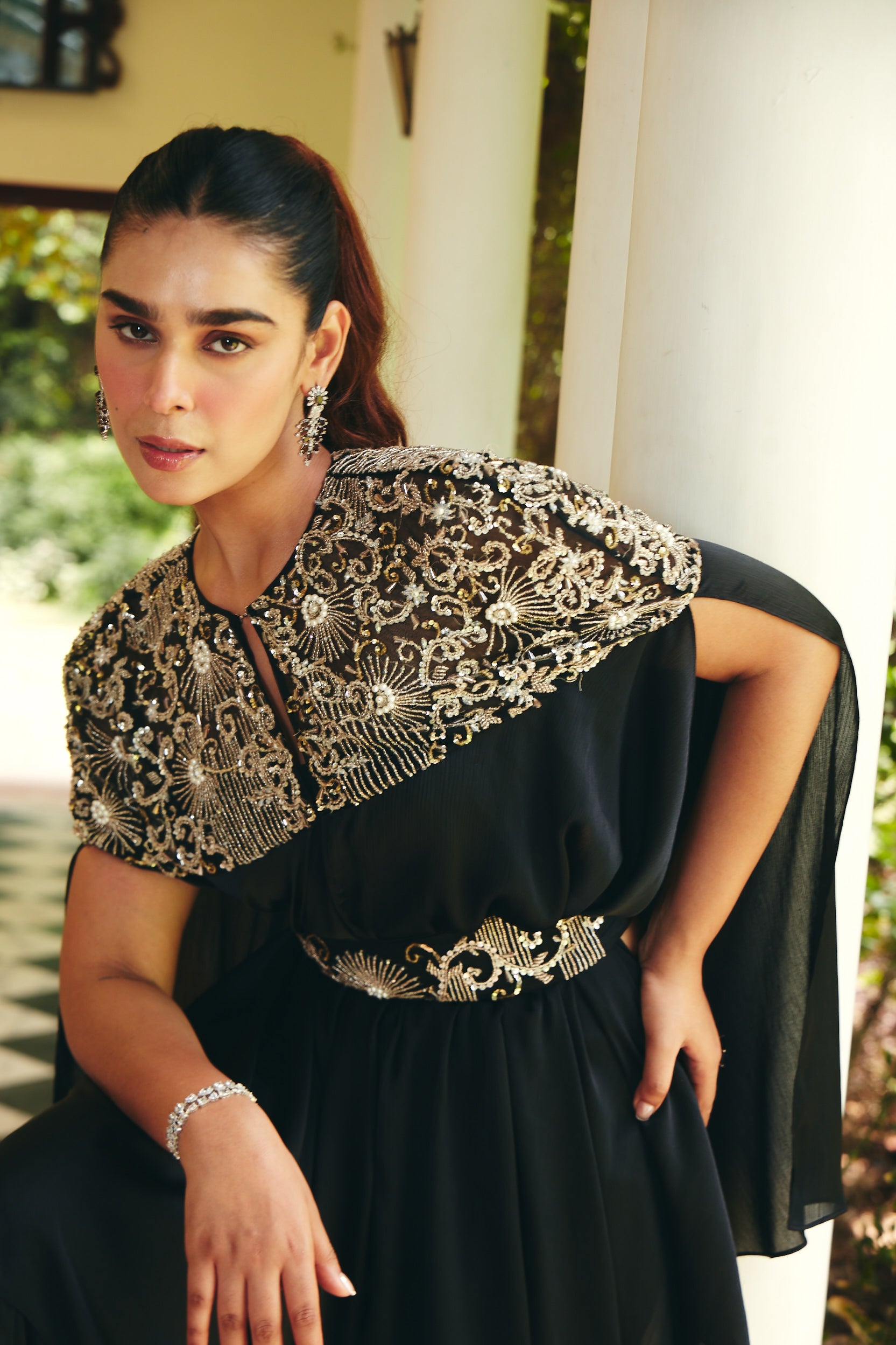 Embroidered Jade Black Cape Set