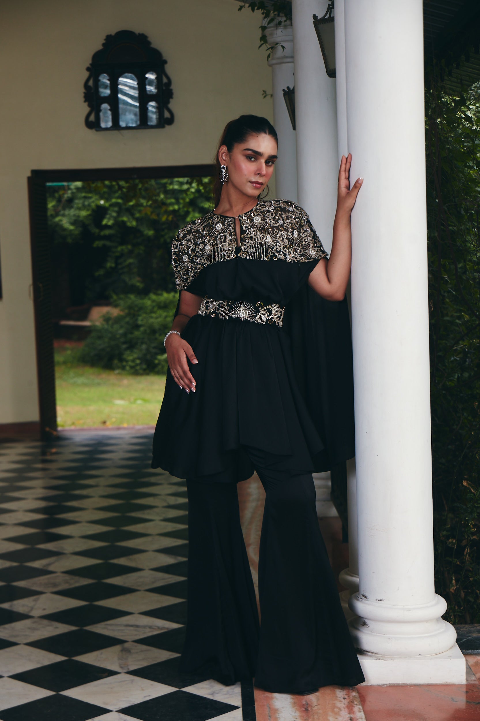 Embroidered Jade Black Cape Set