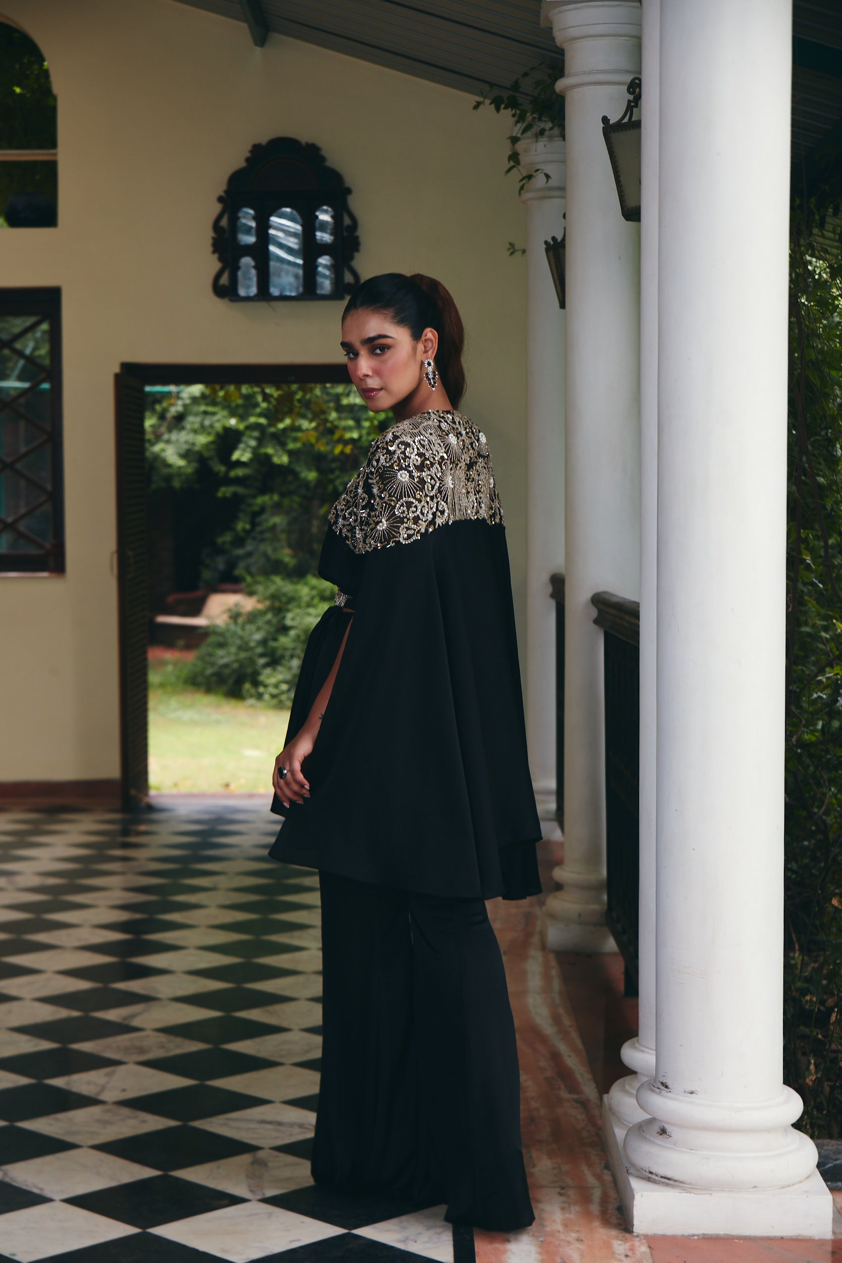 Embroidered Jade Black Cape Set