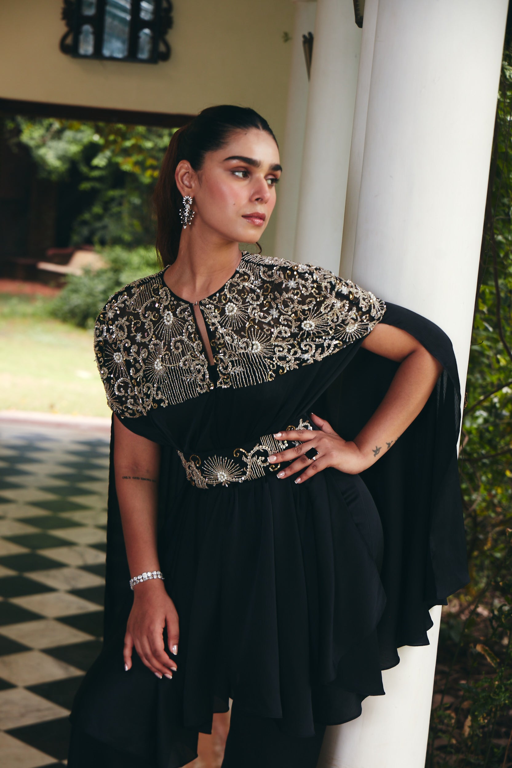 Embroidered Jade Black Cape Set