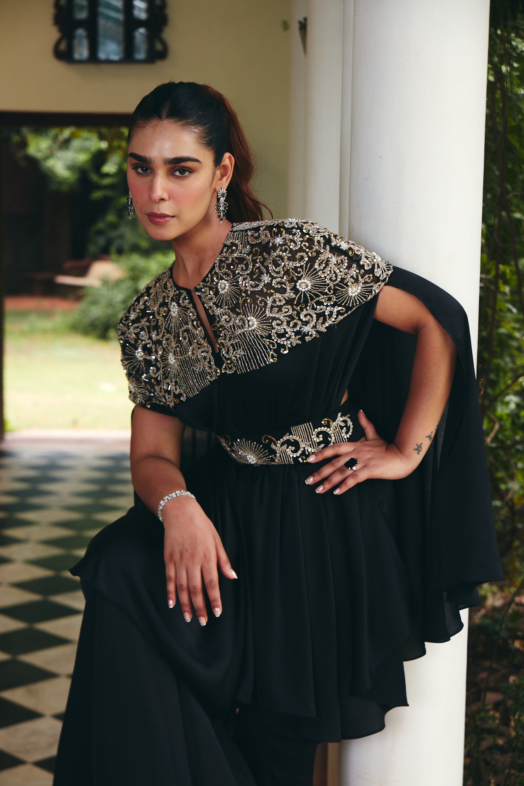 Embroidered Jade Black Cape Set