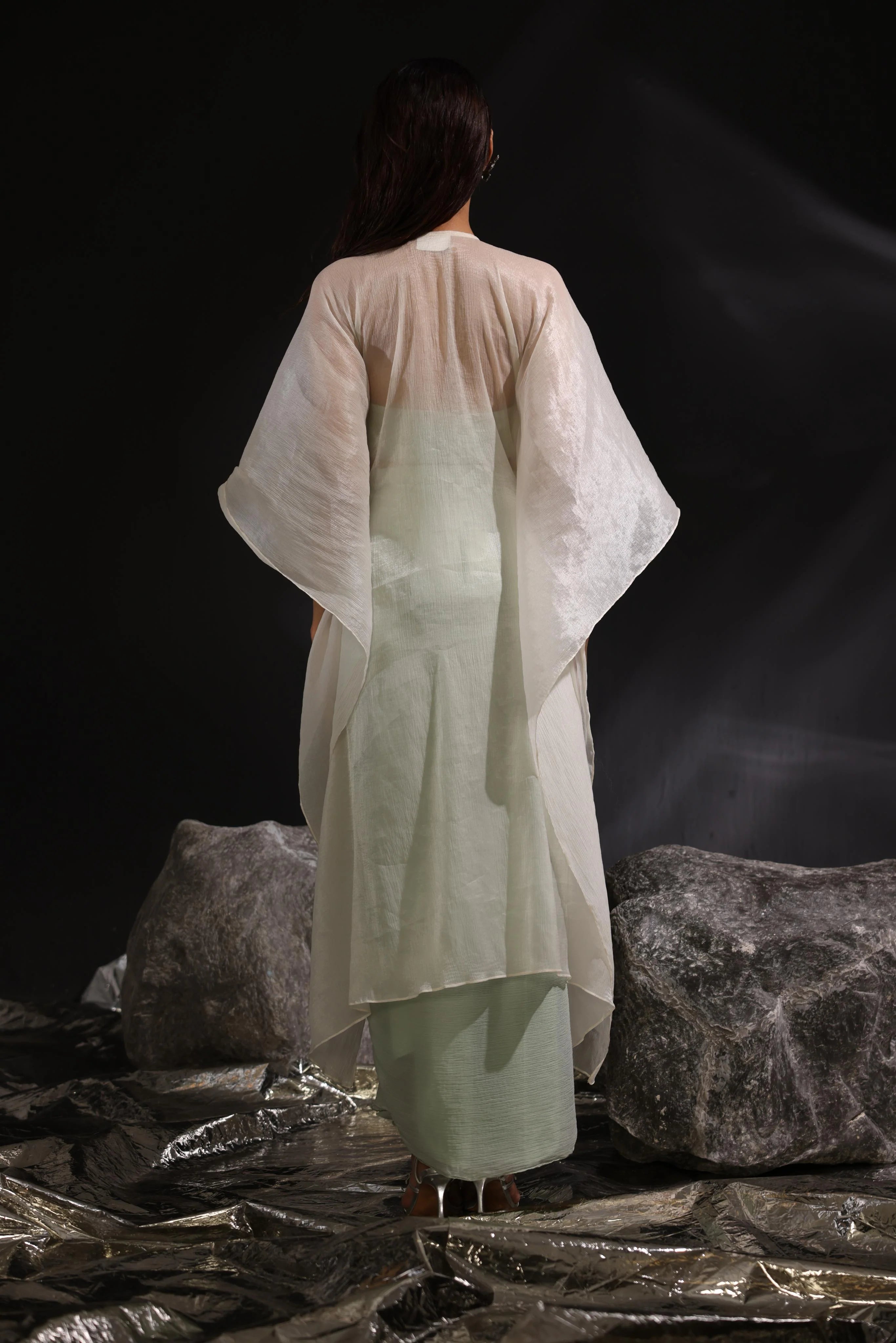 Moss Green & Ivory Embroidered Yoke Kaftan
