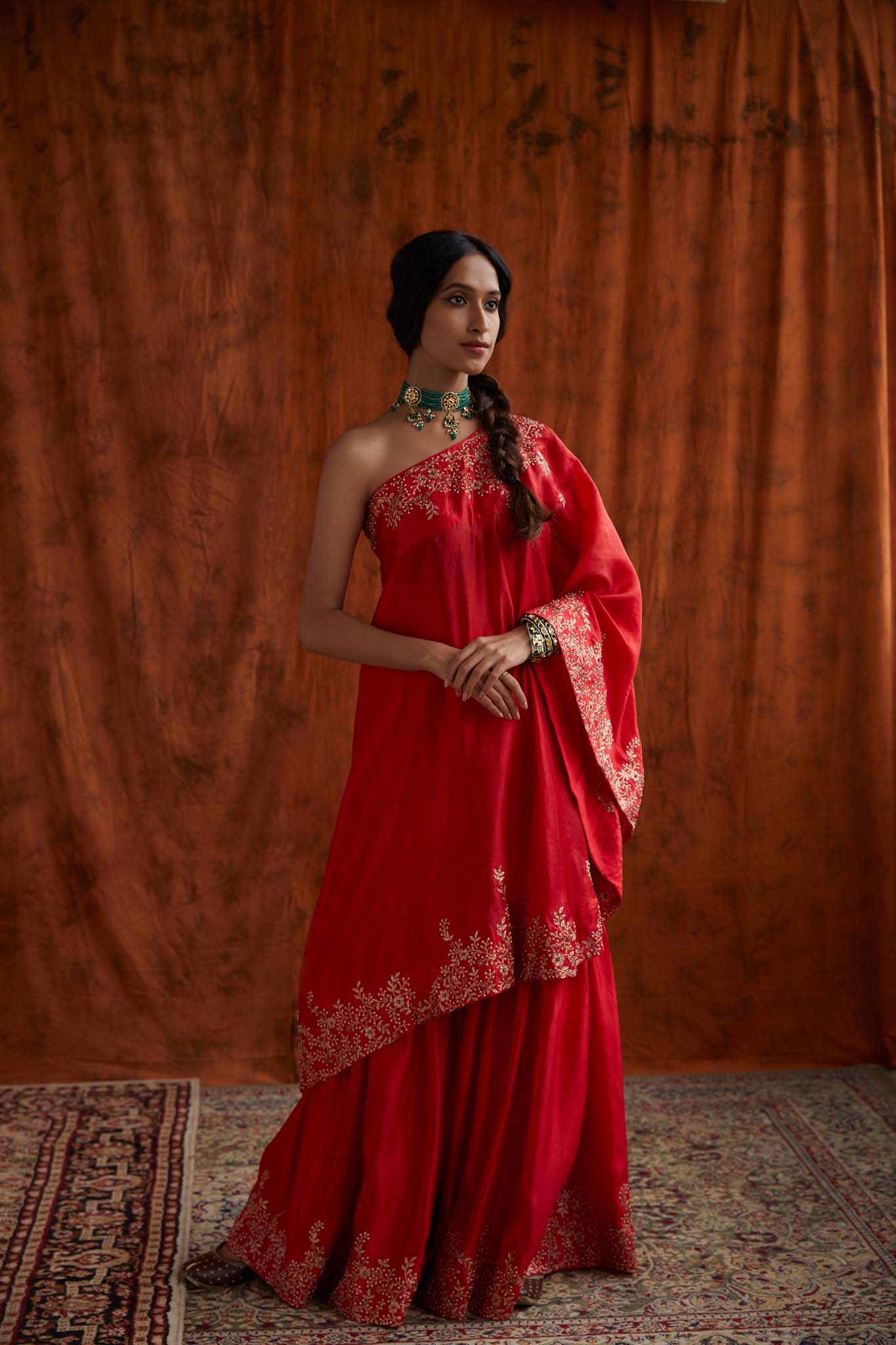 One shoulder Red Cape and Sharara Set