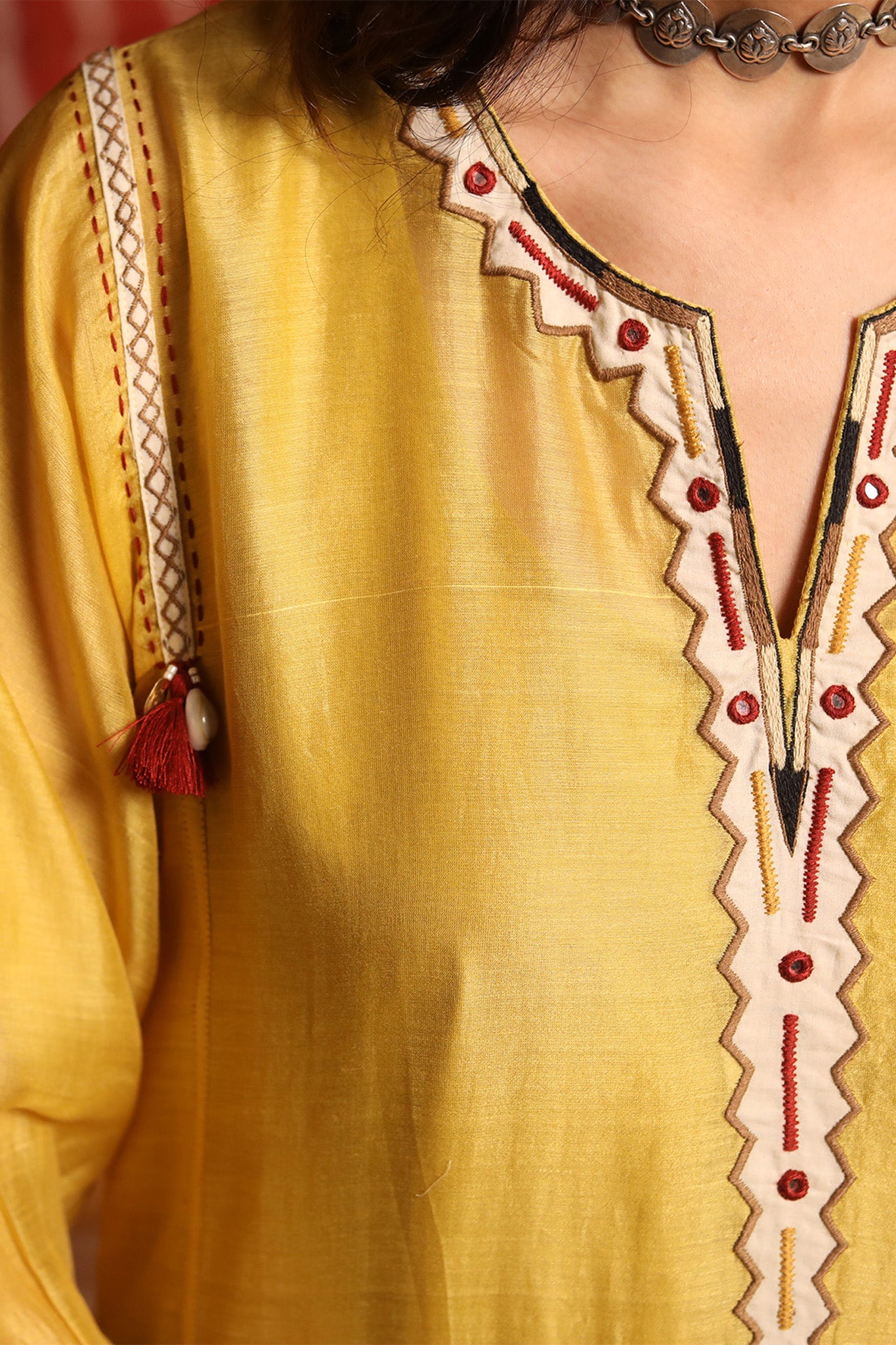 Mustard Triangle Applique Work Kurta With Pants & Dupatta