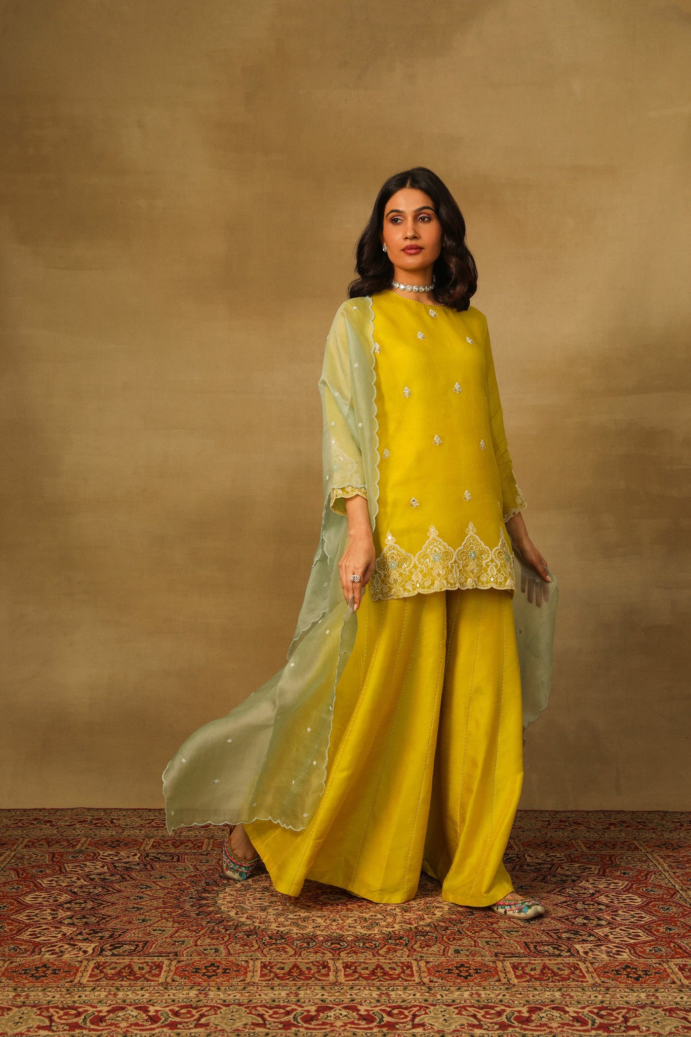 Yellow Short Kurta with Sharara and Dupatta