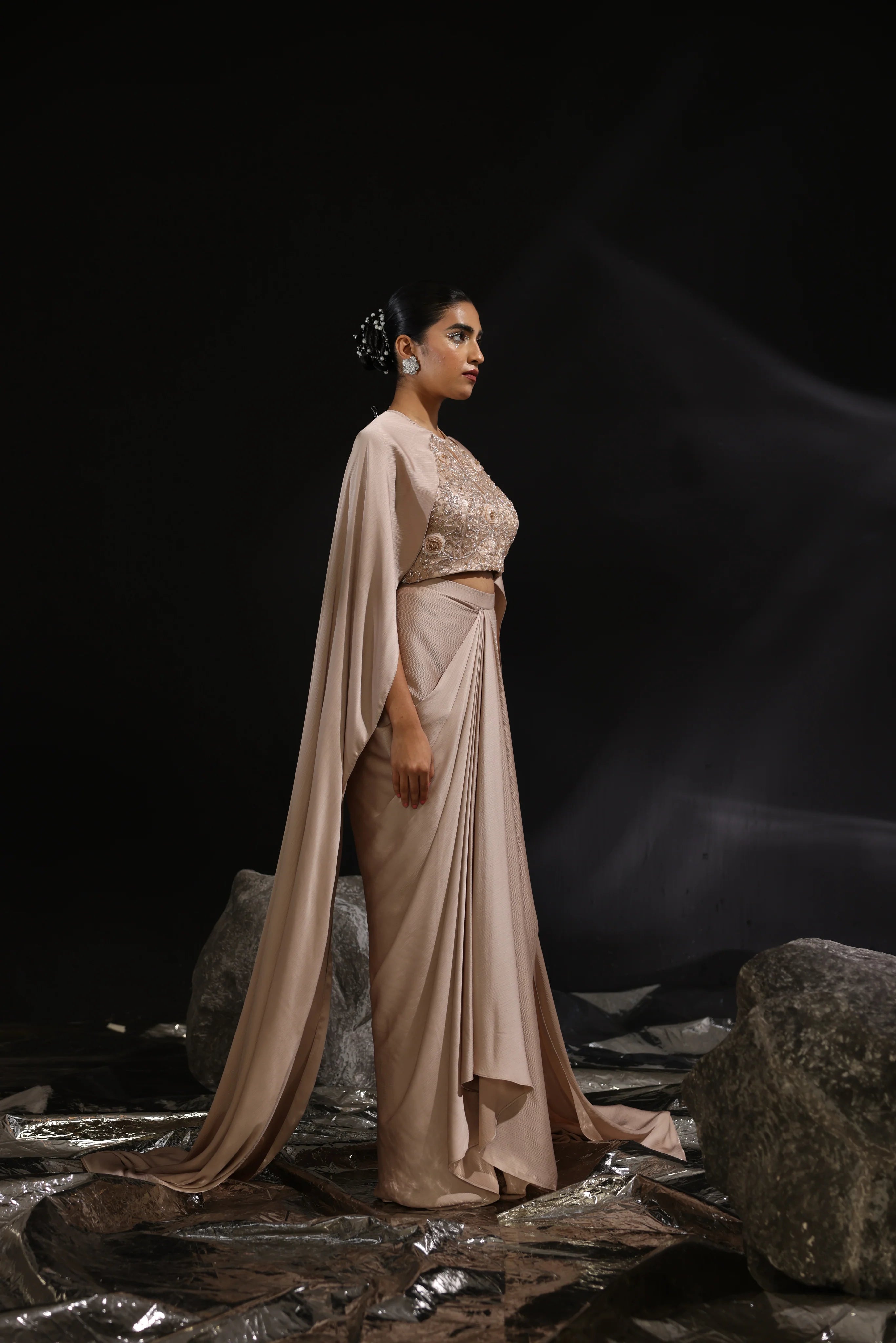 Mocha Embroidered Cape Top With Draped Skirt