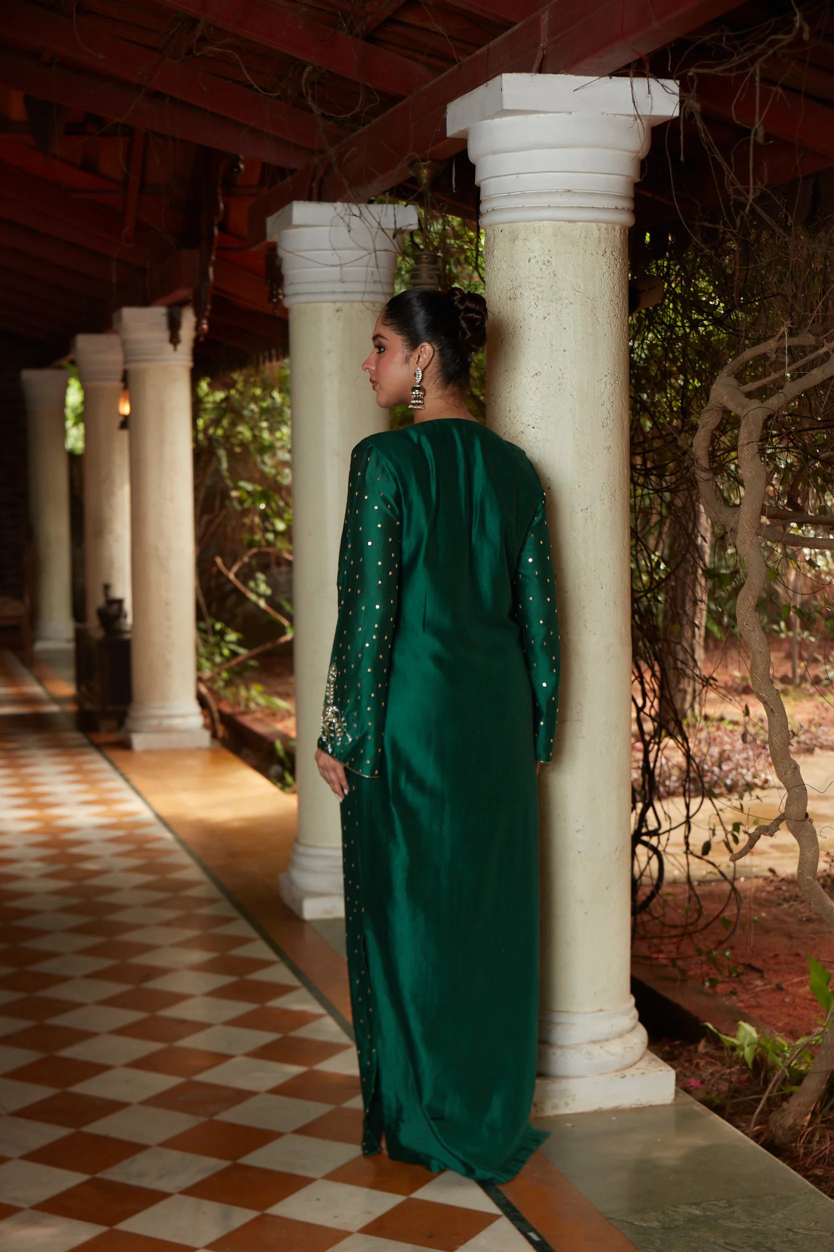 Green Mirror Embellished Kaftan Dress