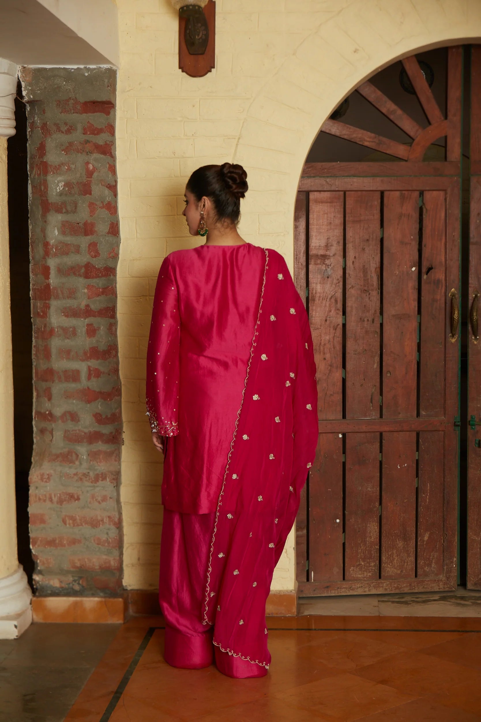 Ruby Pink Embroidered Kurta Set With Farshi Salwar