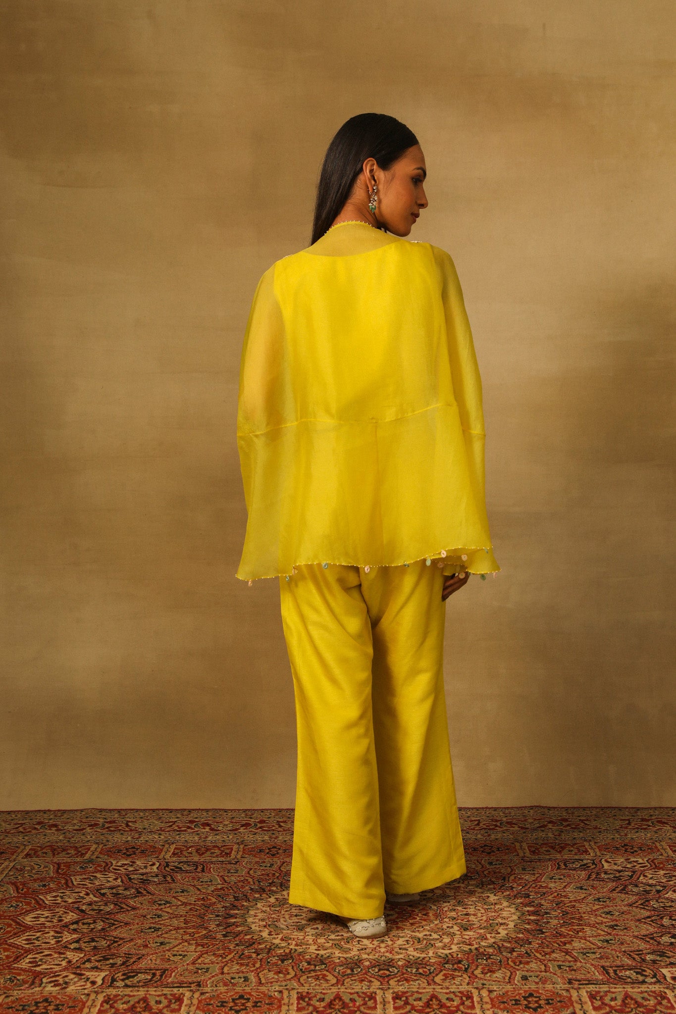 Yellow Cape Top with Pant & Bustier