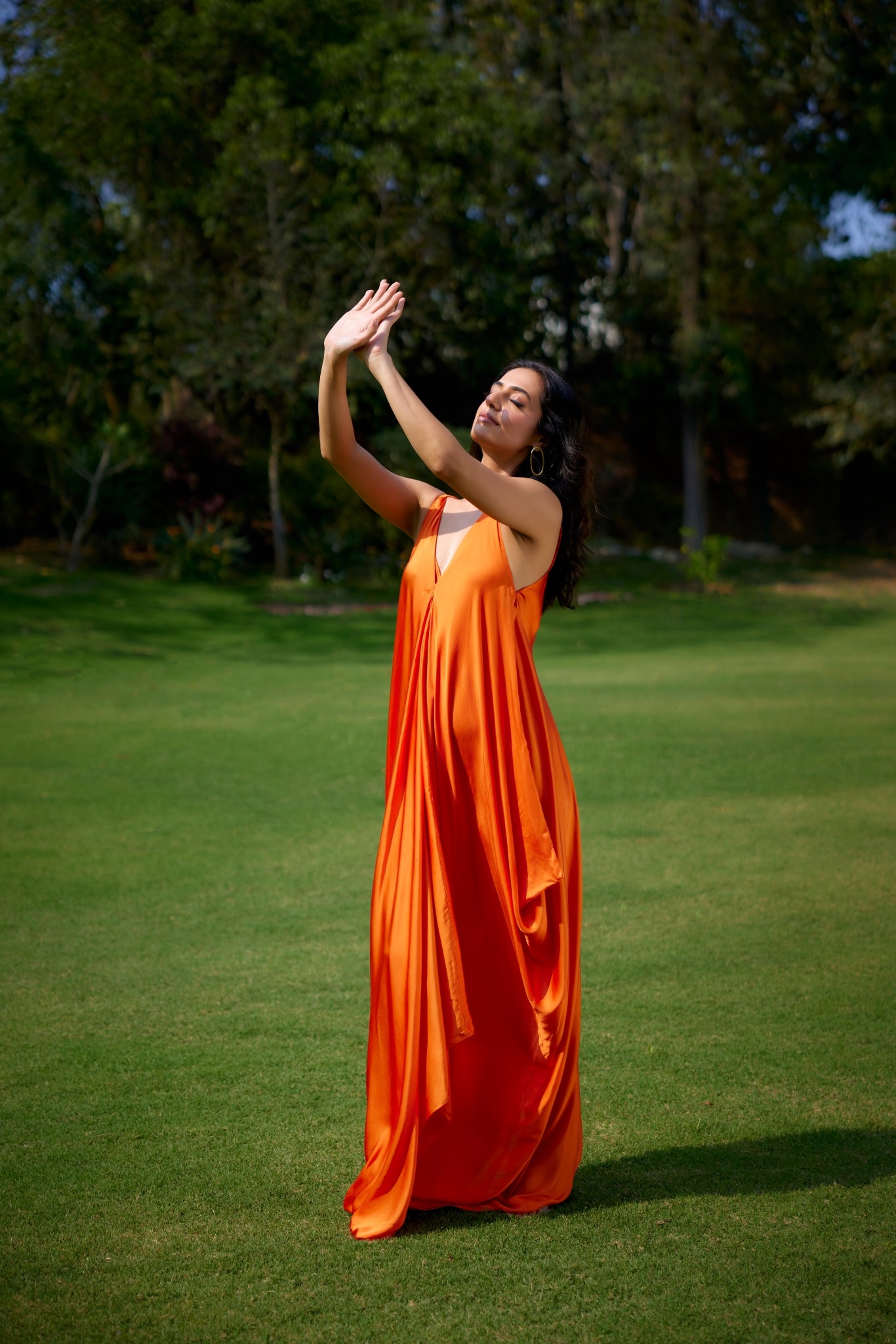Orange Asymmetric Maxi Satin Dress