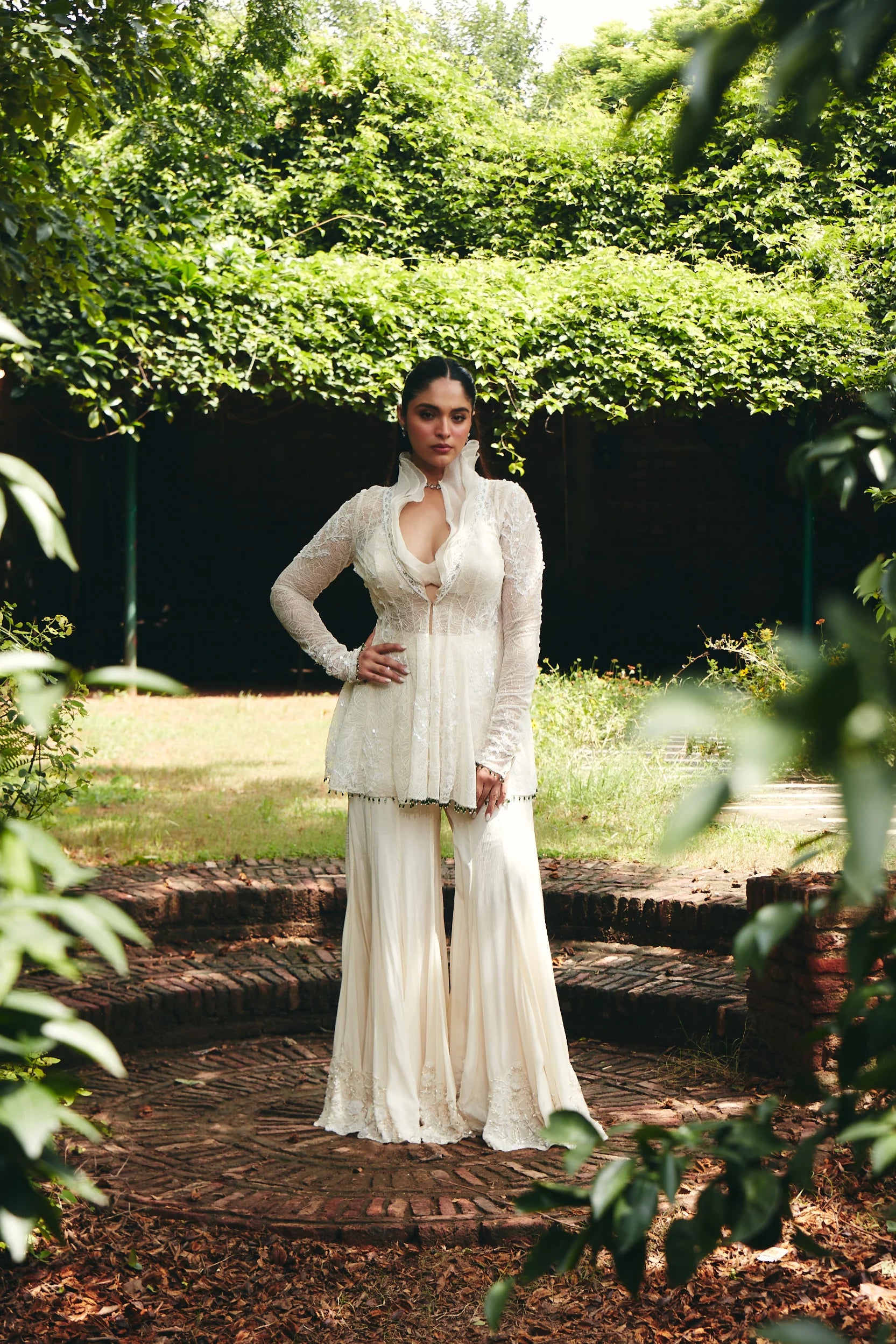 Ivory Ruffle Collared Sharara Set