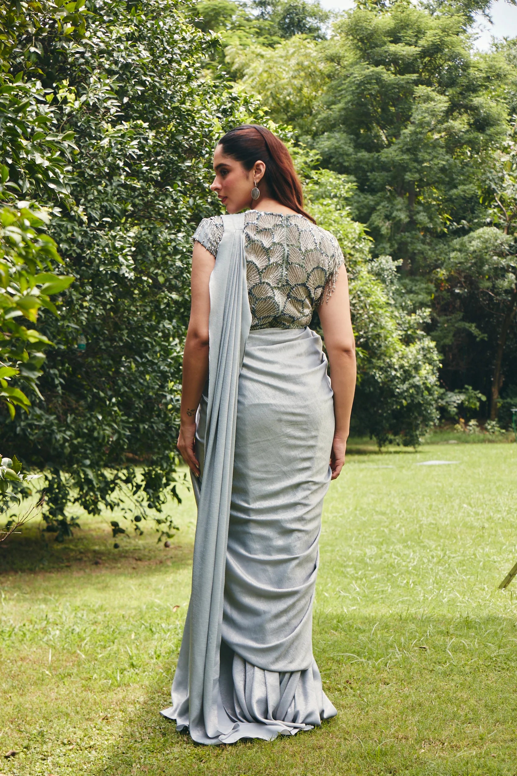 Ice Grey Foil Satin Draped Saree