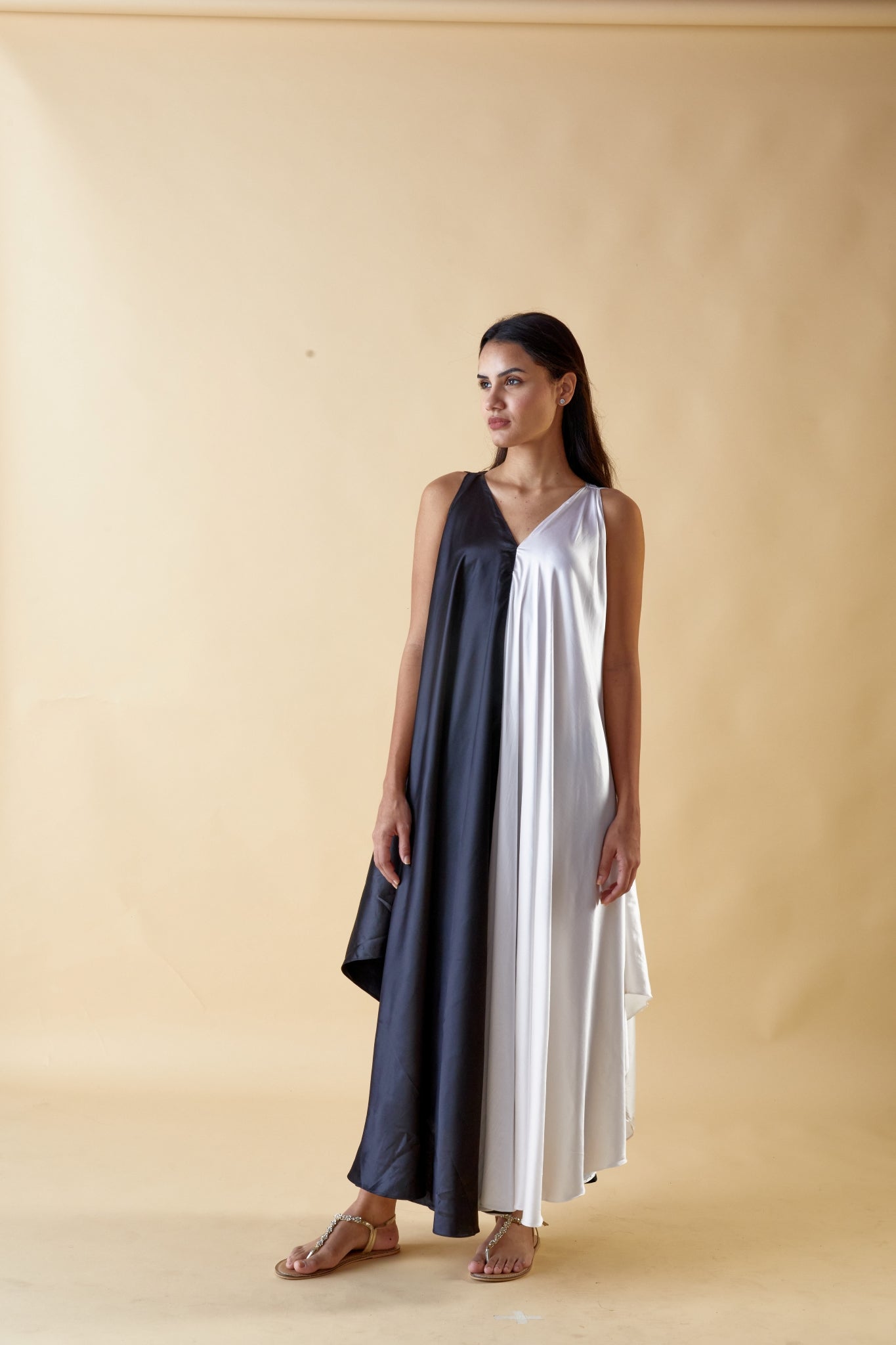 Two-Tone Asymmetric Maxi Dress