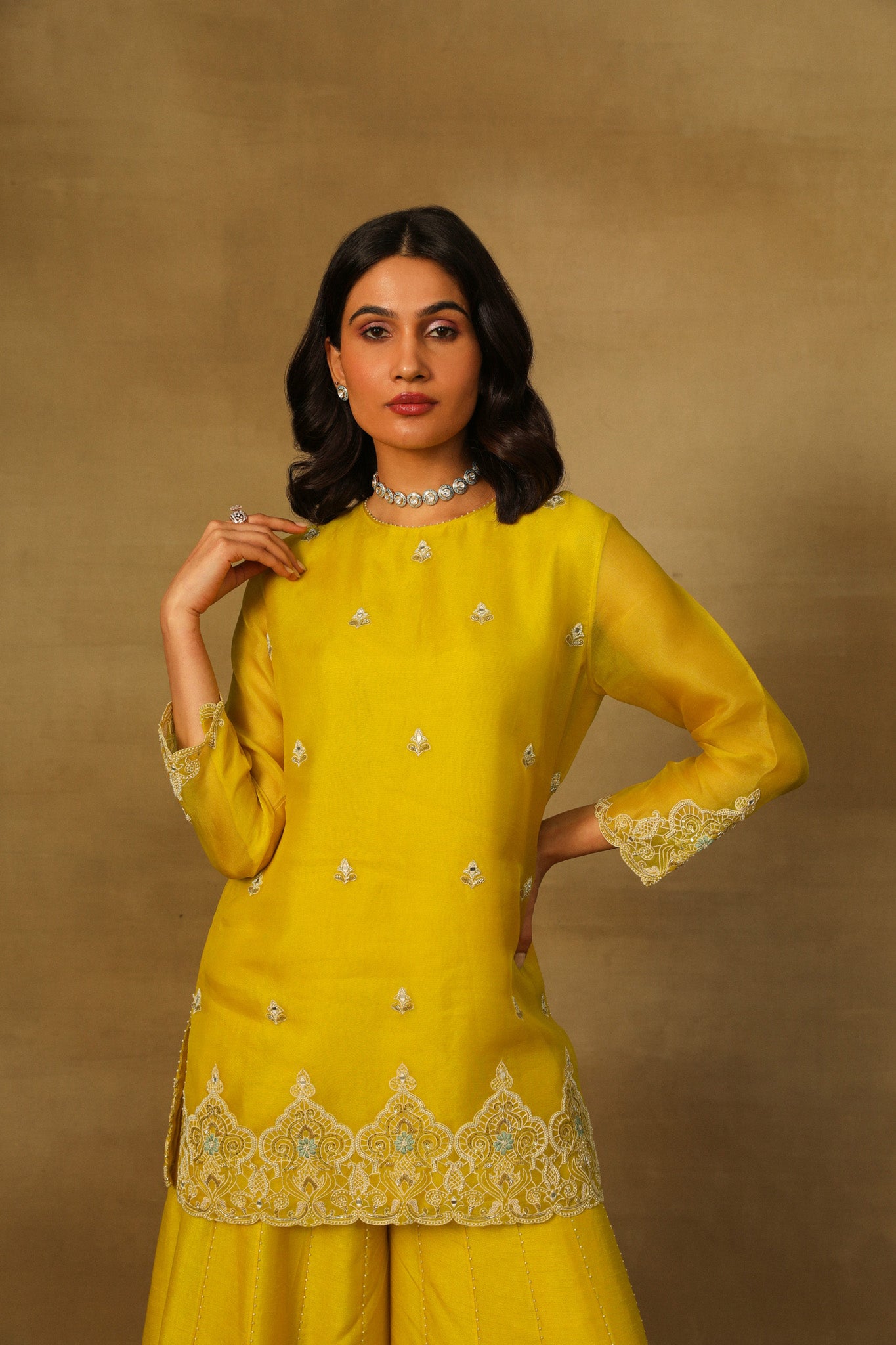 Yellow Short Kurta with Sharara and Dupatta