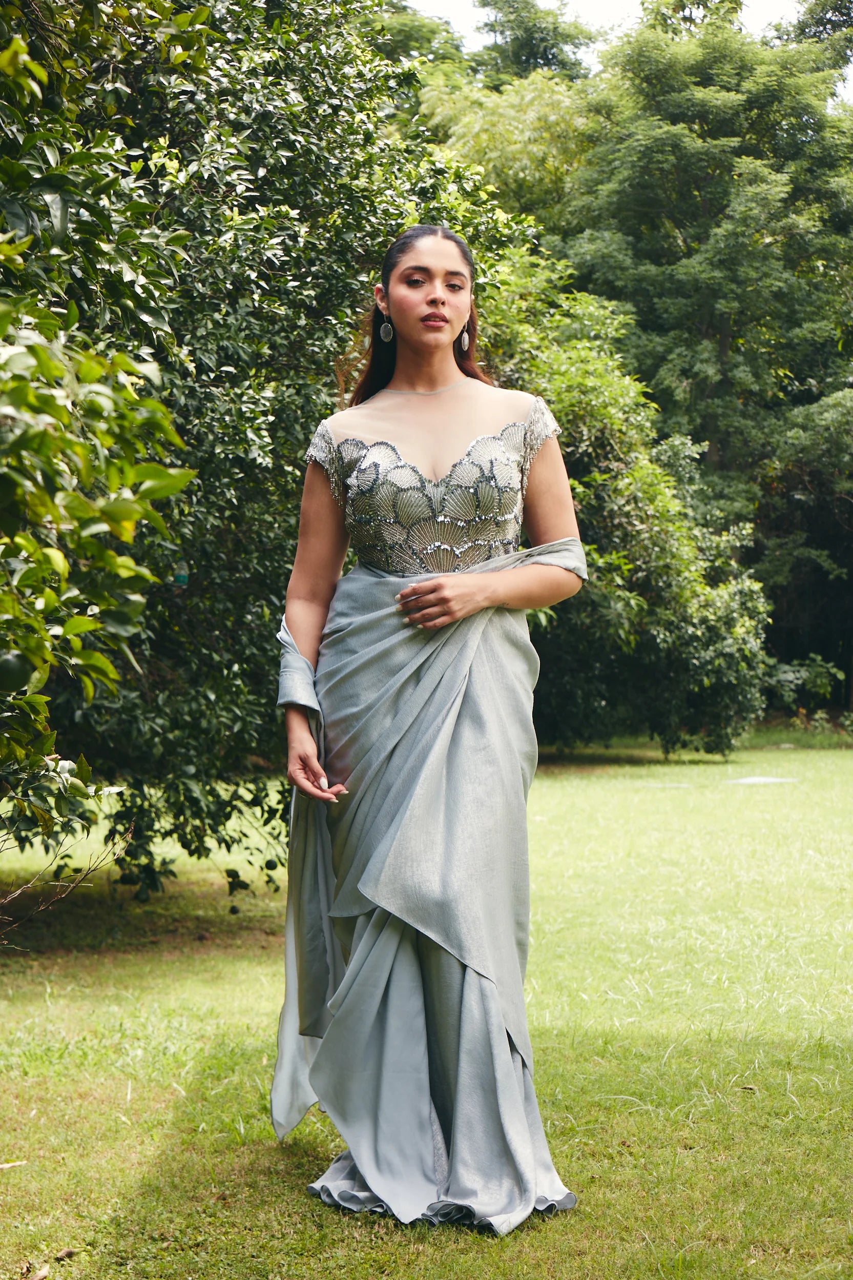 Ice Grey Foil Satin Draped Saree