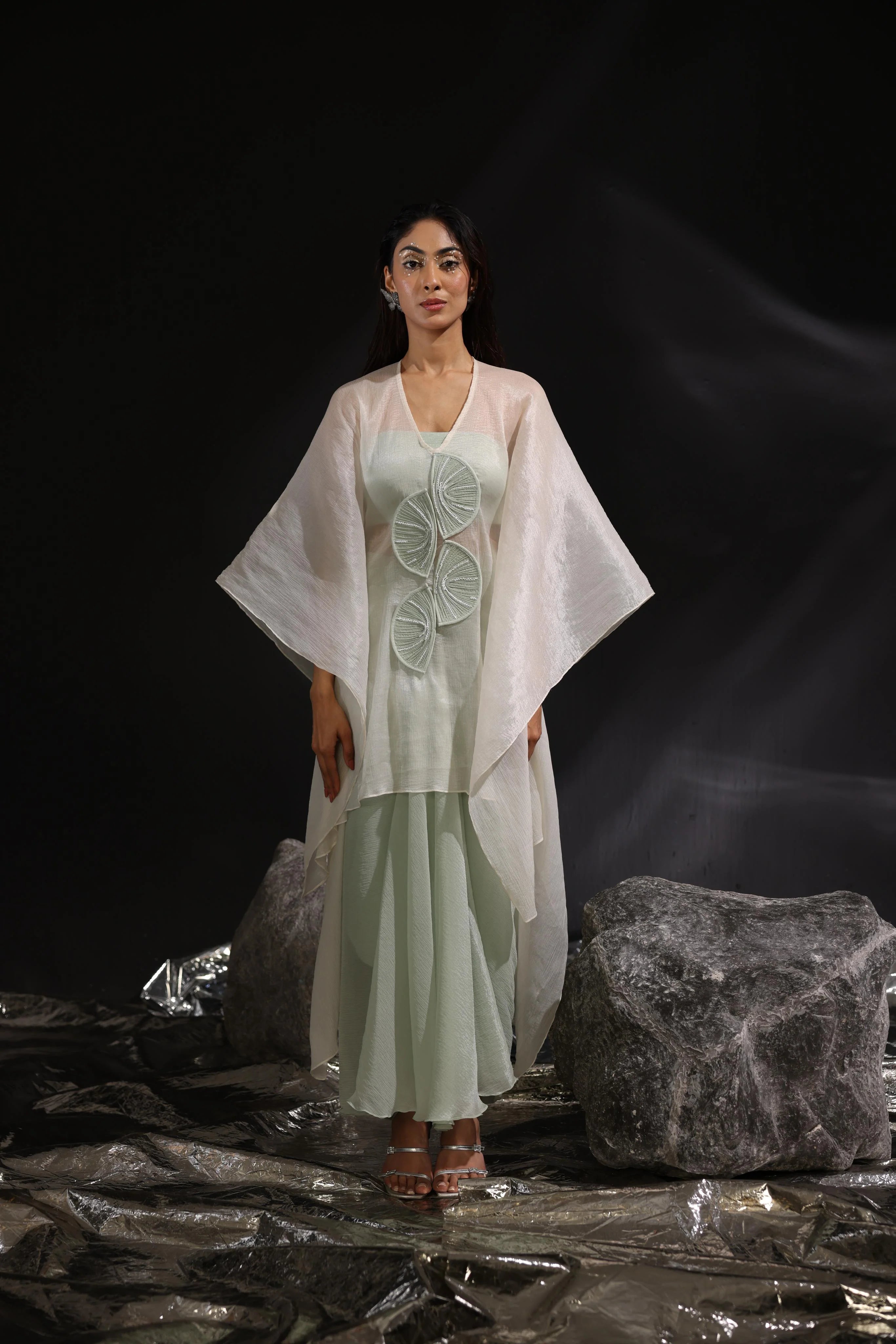 Moss Green & Ivory Embroidered Yoke Kaftan