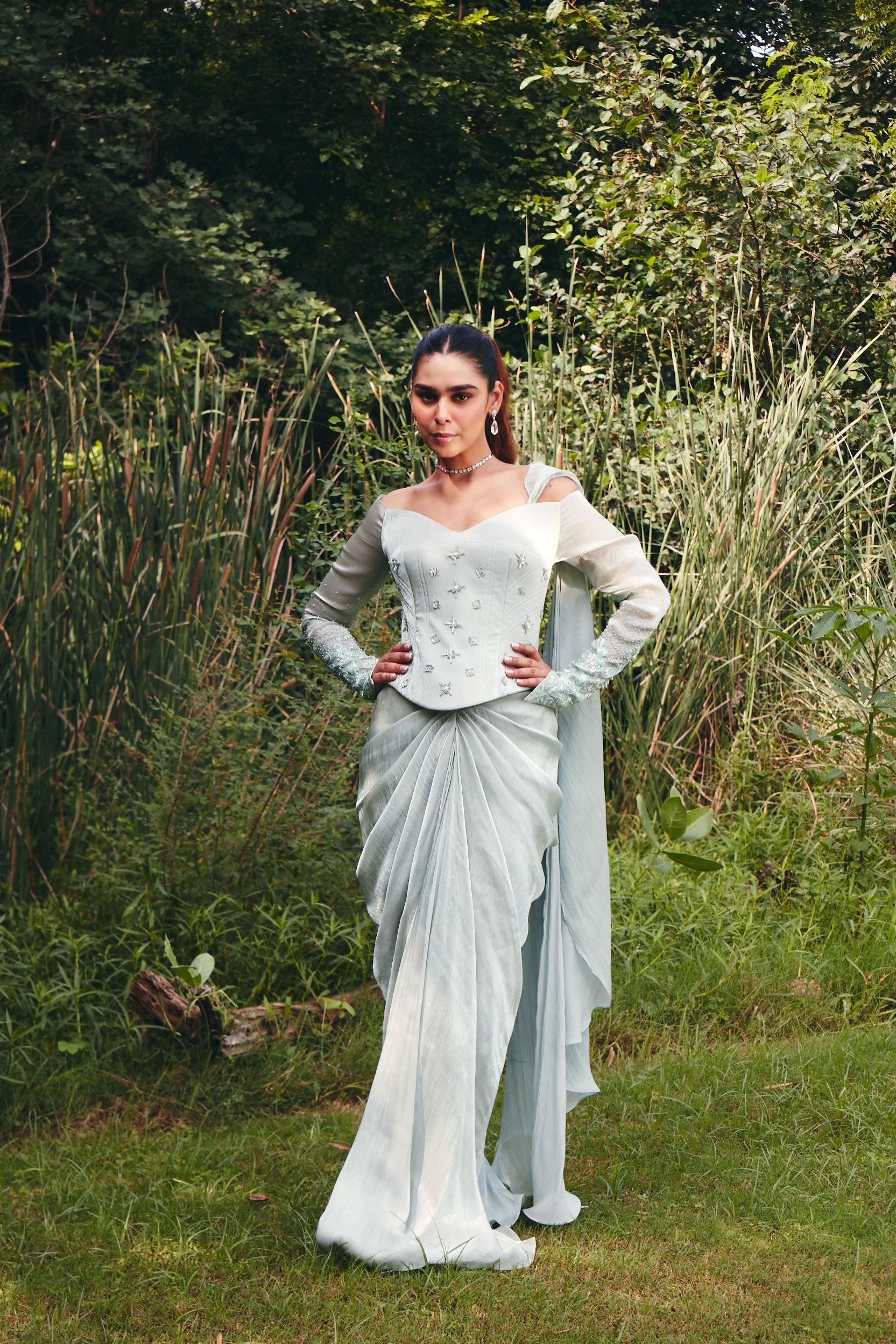 Ice Grey Sculpted Corset Saree