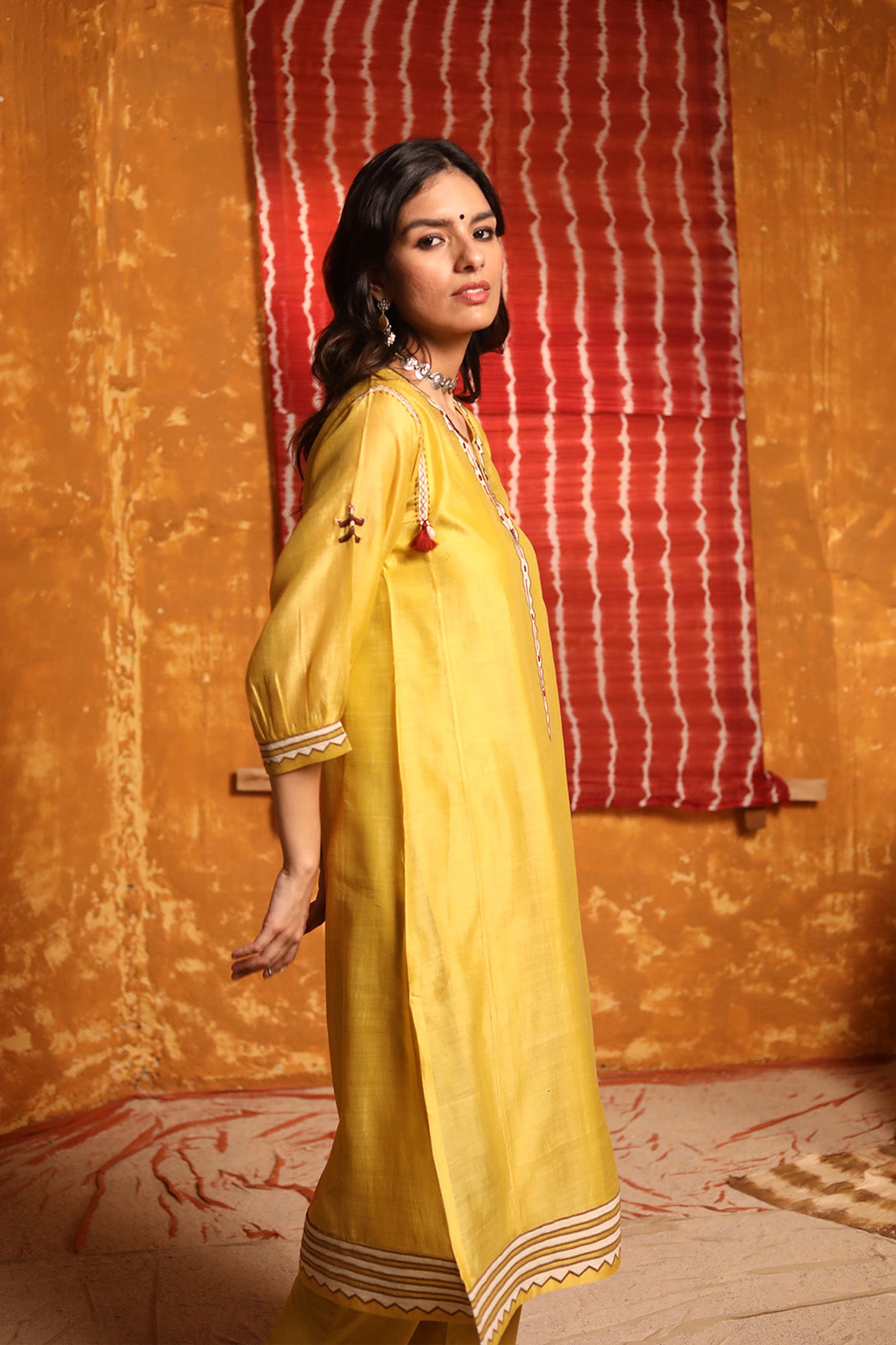 Mustard Triangle Applique Work Kurta With Pants & Dupatta