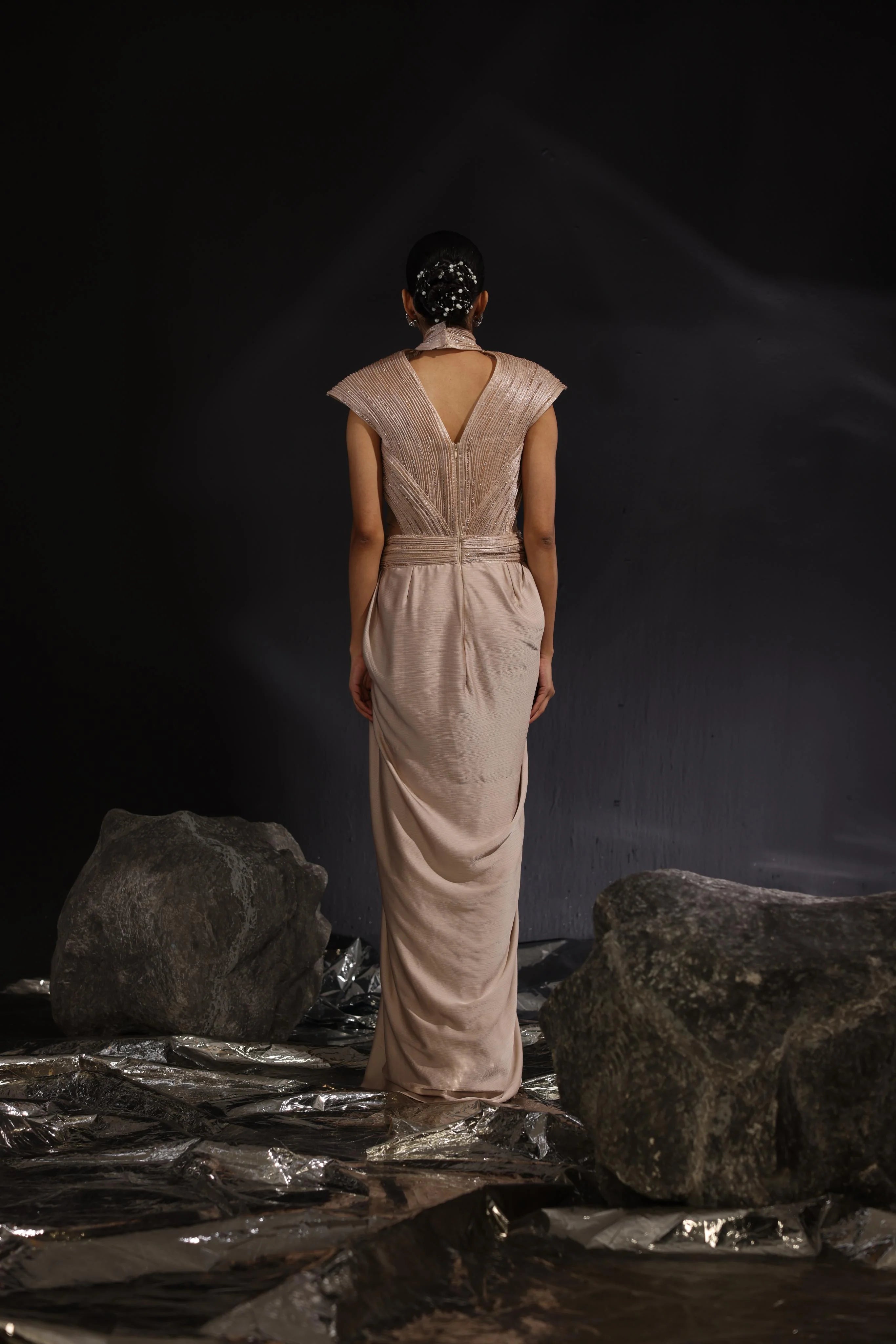 Mocha Embroidered Draped Saree