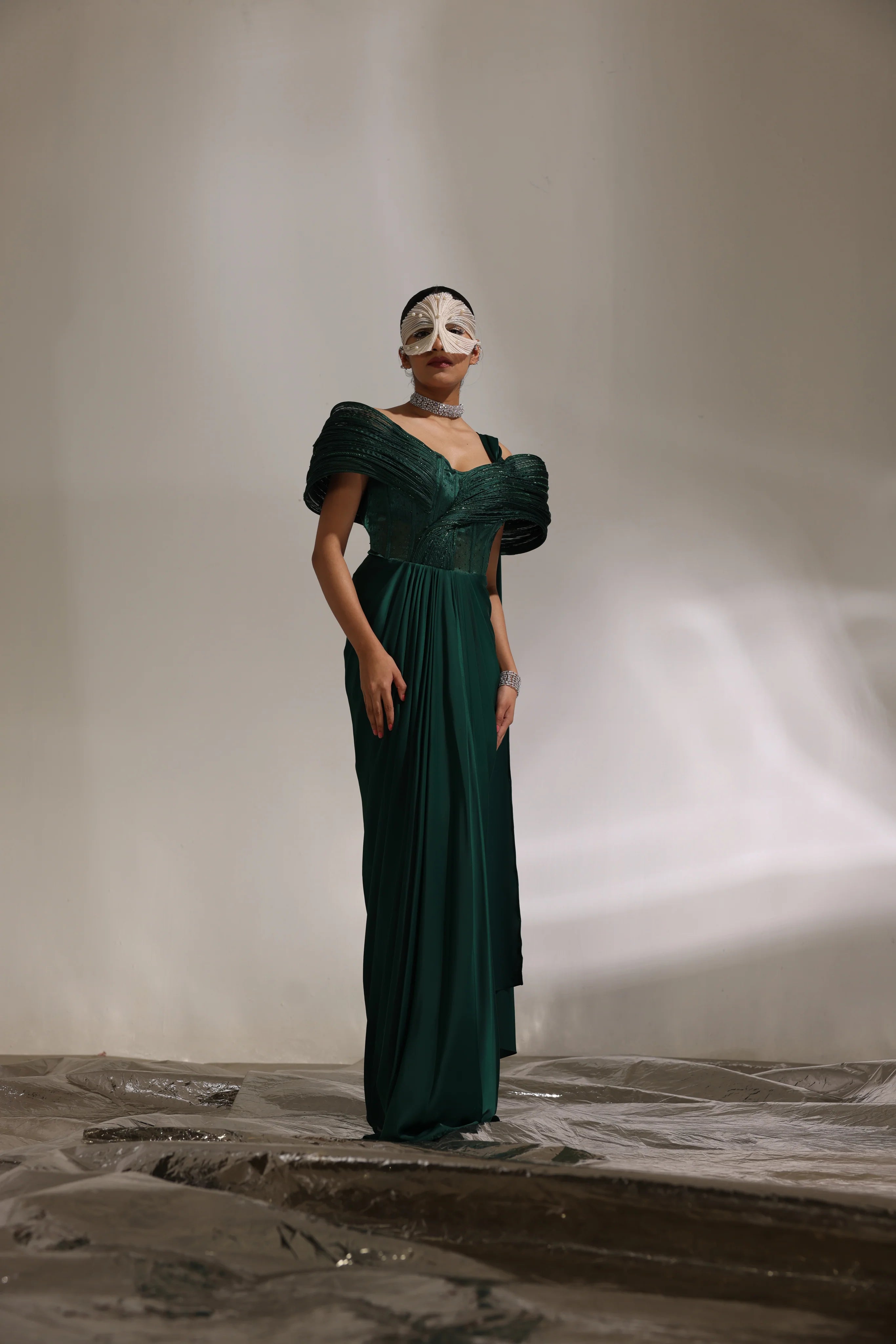 Forest Green Structured Draped Saree