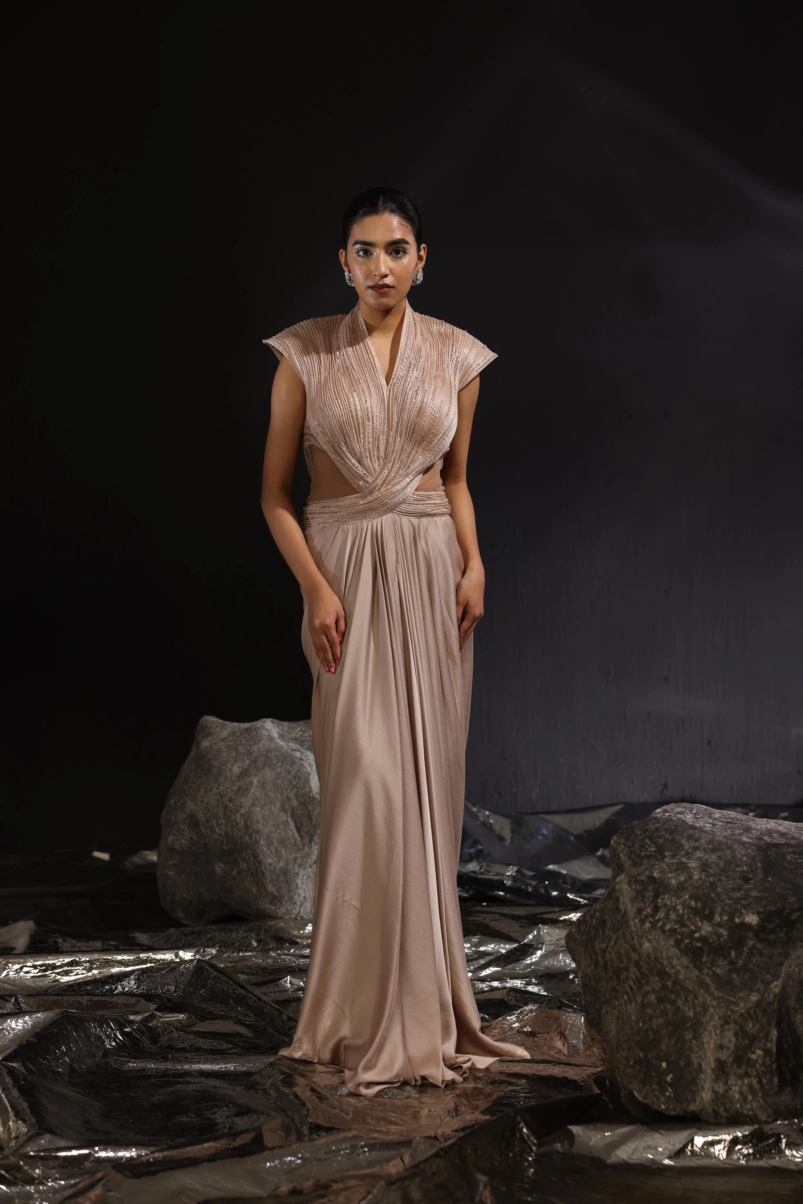 Mocha Embroidered Draped Saree