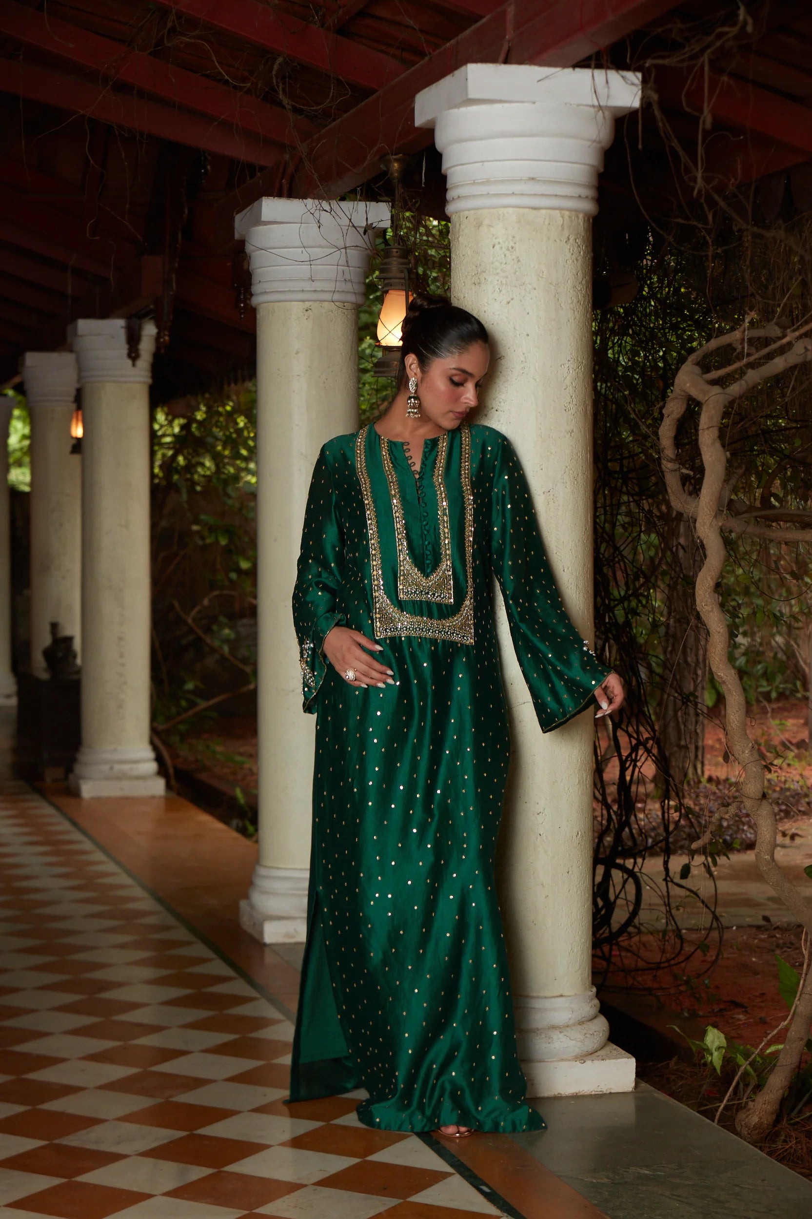 Green Mirror Embellished Kaftan Dress