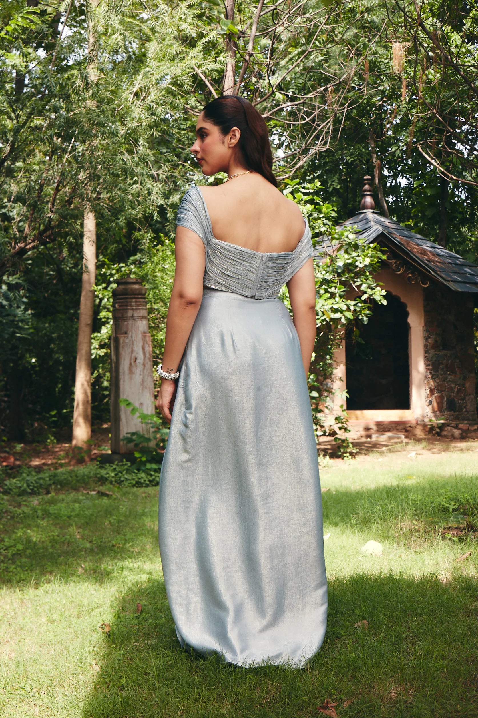 Ice Grey Off-Shoulder Skirt Set