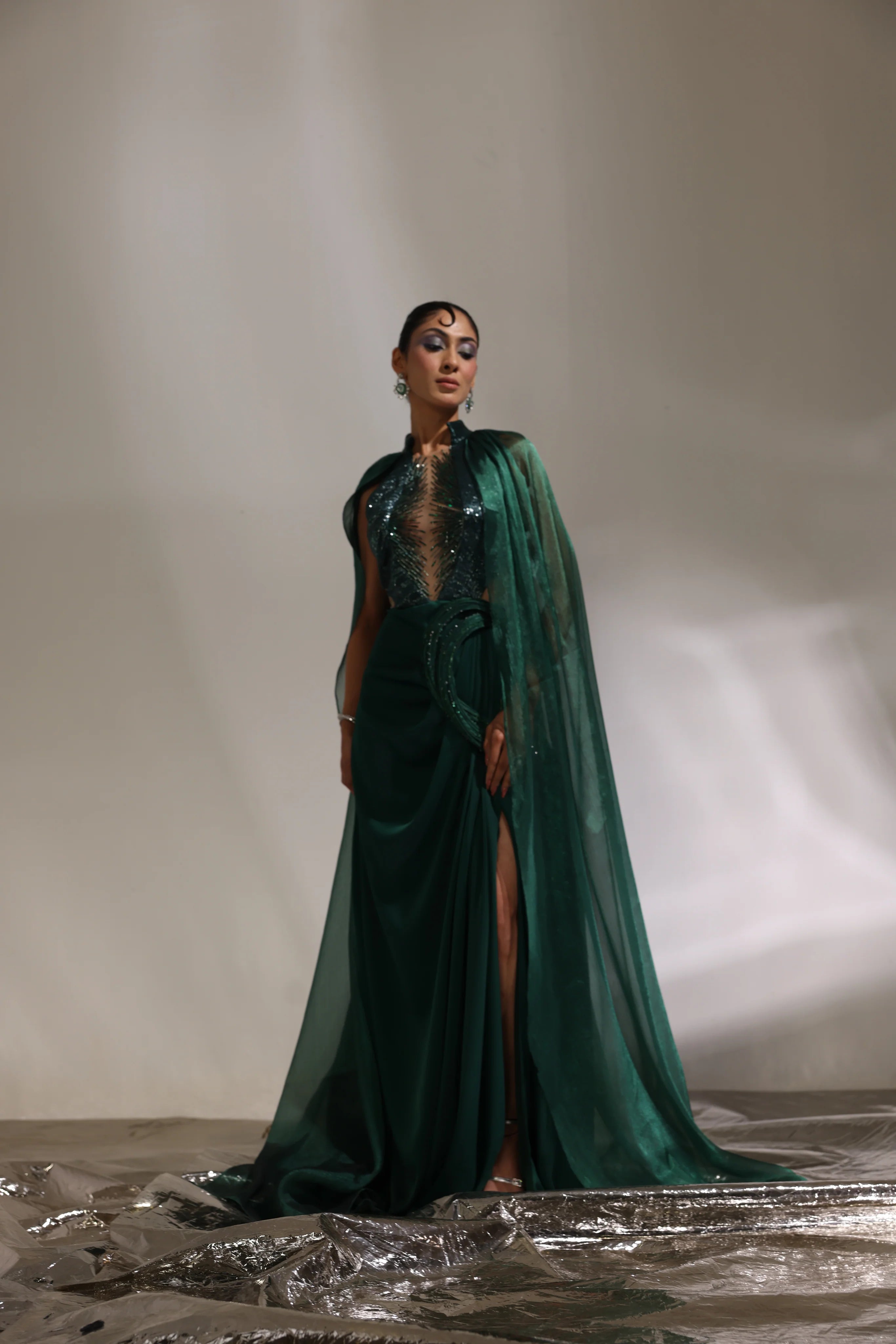 Forest Green Collared Draped Saree With Cape