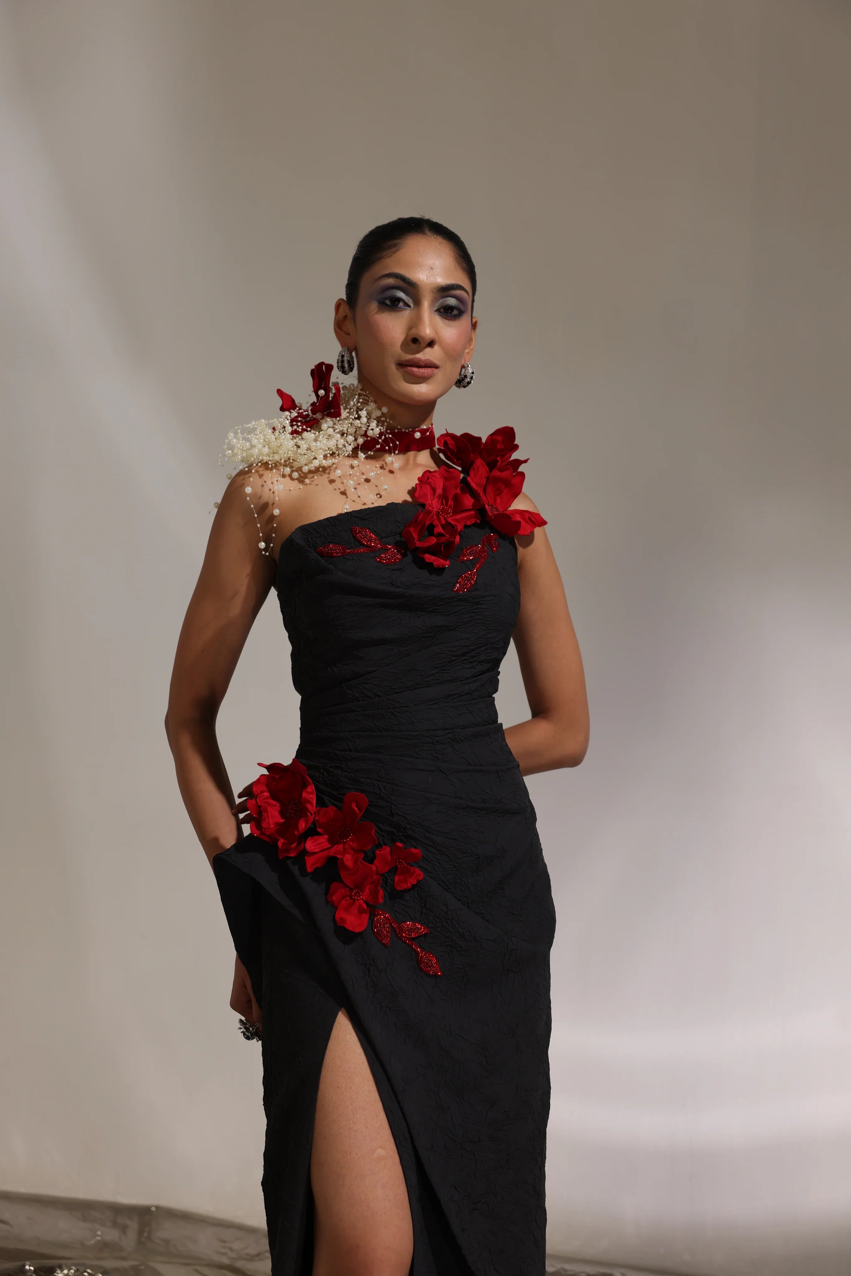 Charcoal Black One Shoulder Floral Gown