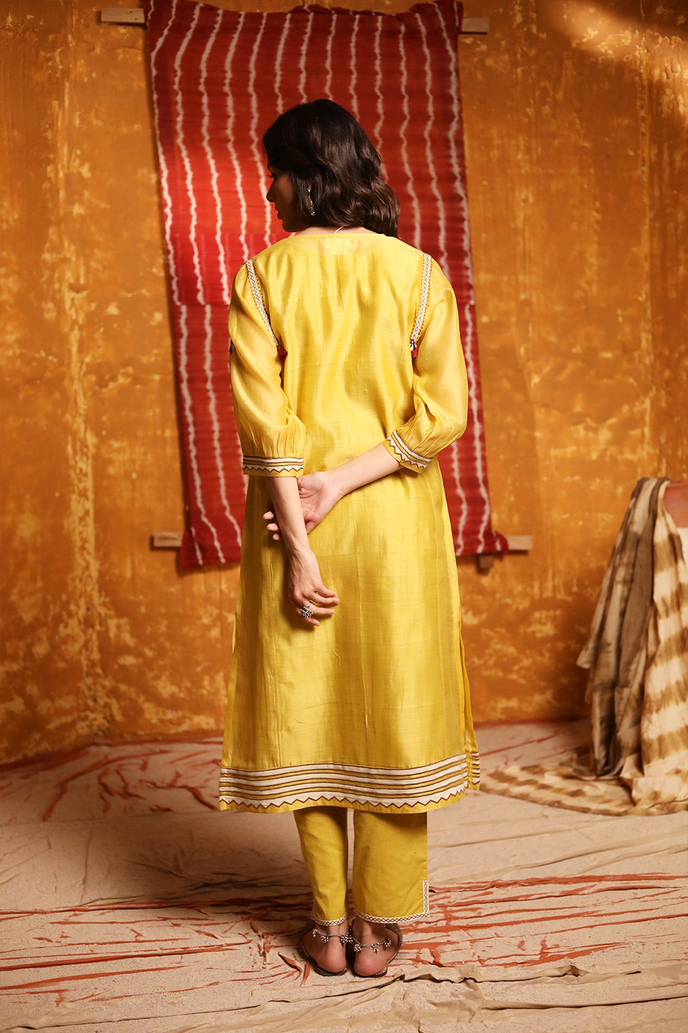 Mustard Triangle Applique Work Kurta With Pants & Dupatta