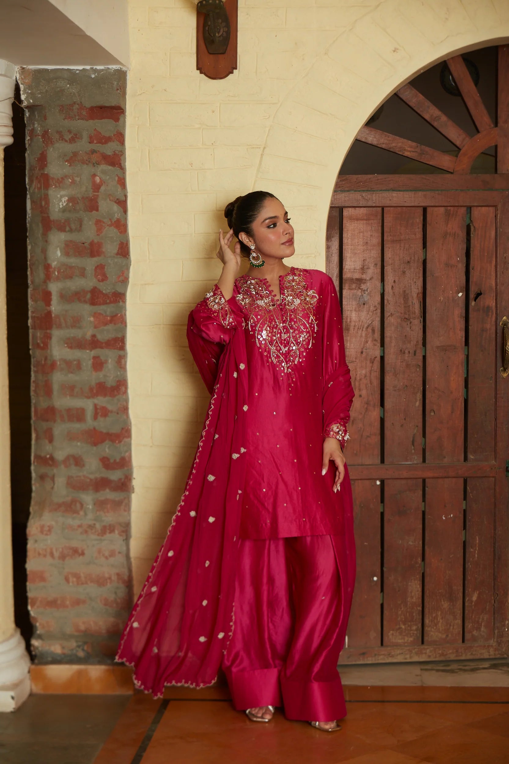 Ruby Pink Embroidered Kurta Set With Farshi Salwar