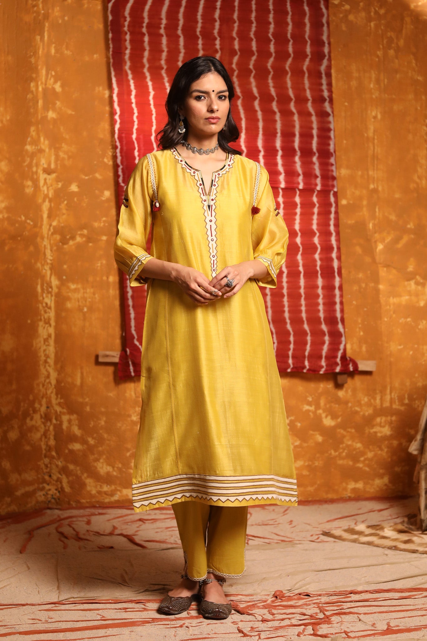 Mustard Triangle Applique Work Kurta With Pants & Dupatta