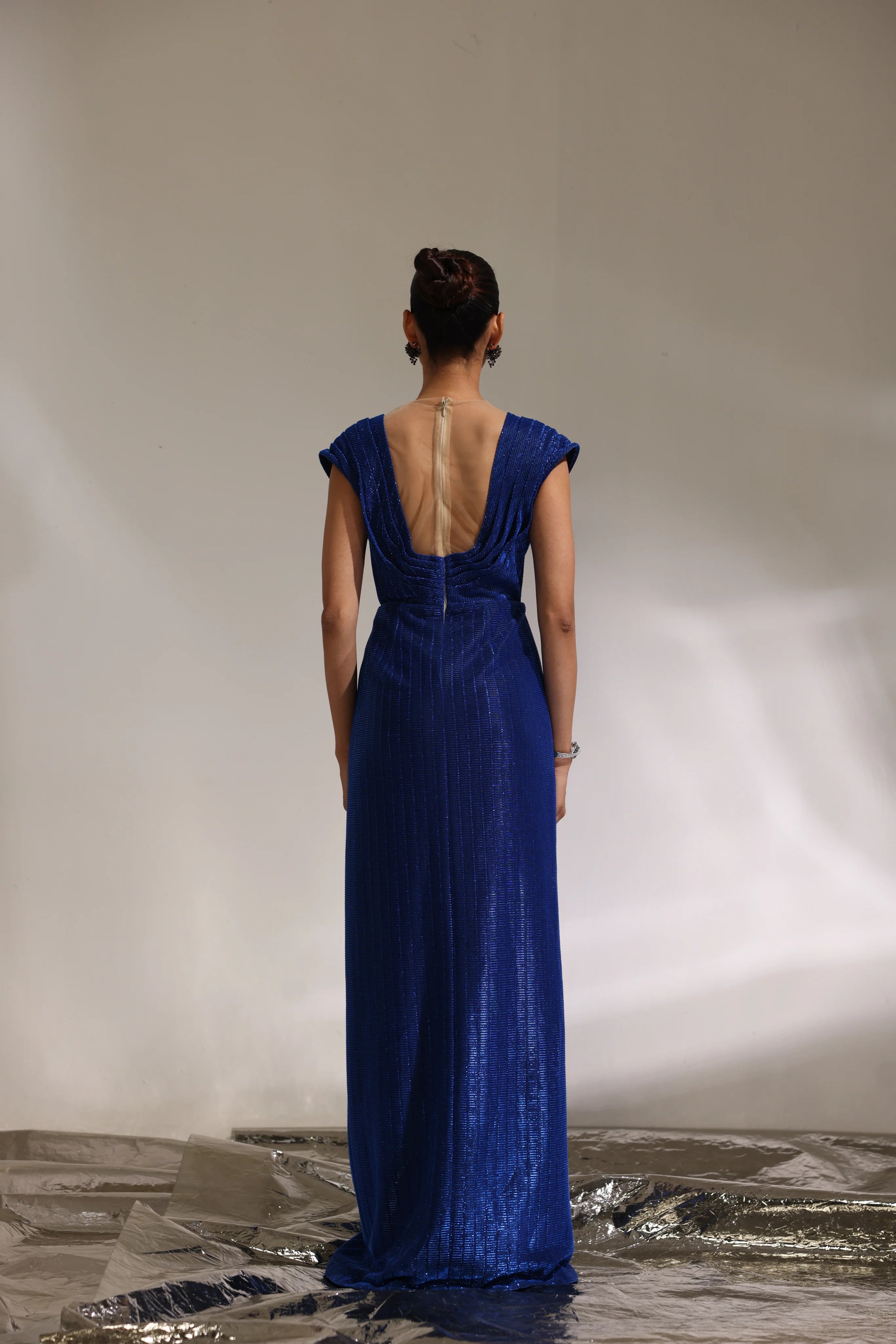 Sapphire Power Shoulder Embroidered Gown