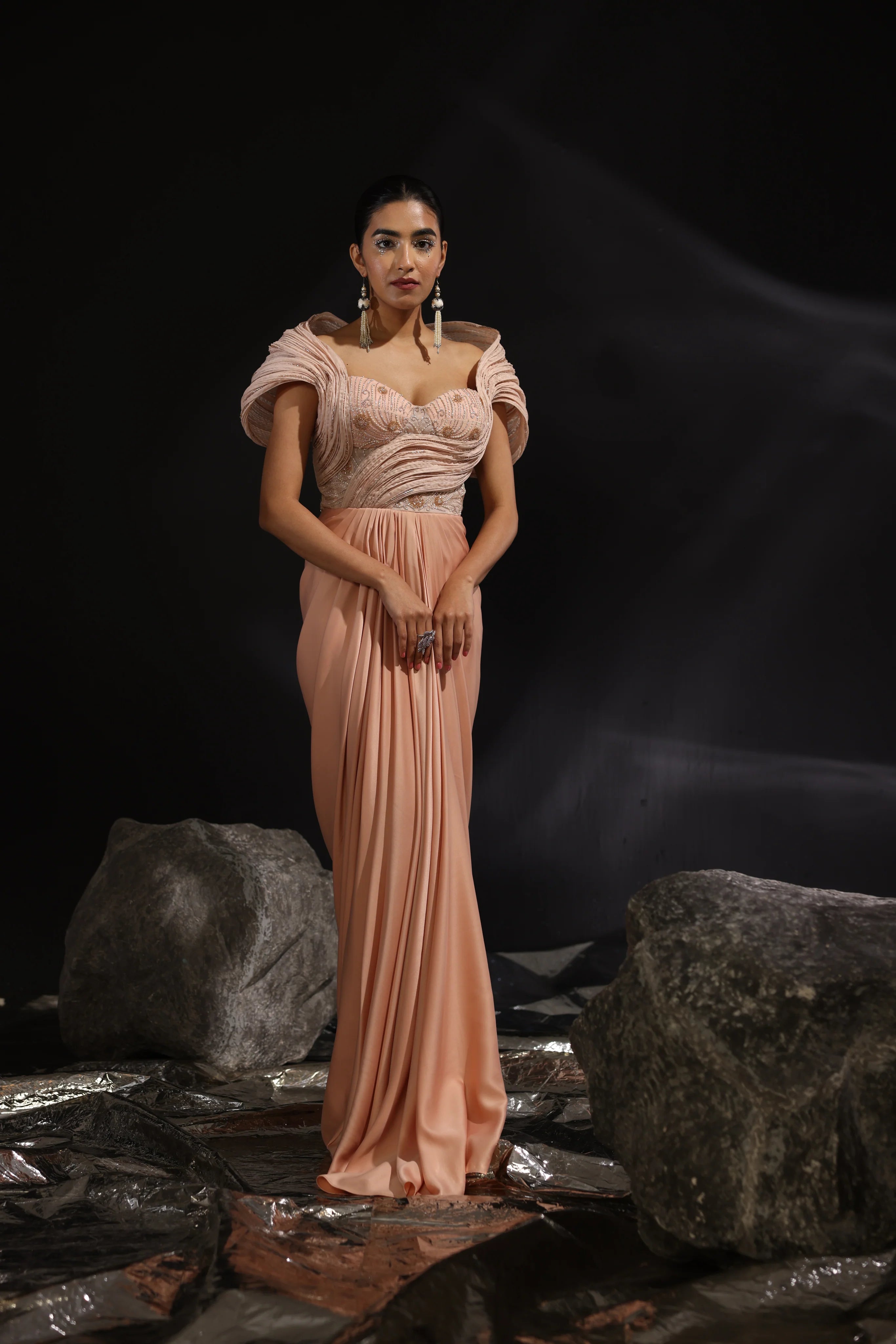 Peach Embroidered Sculpted Draped Saree