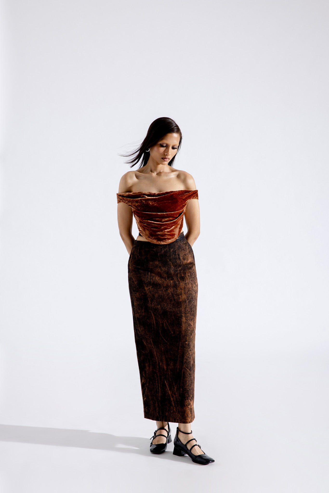 Amber Velvet Corset & Rust Denim Skirt