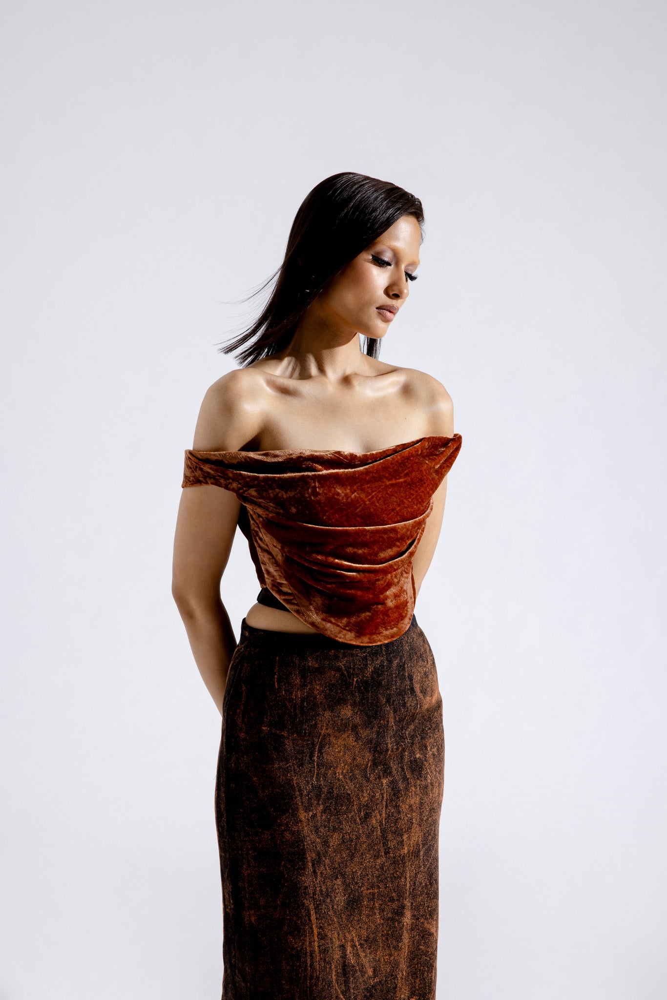 Amber Velvet Corset & Rust Denim Skirt