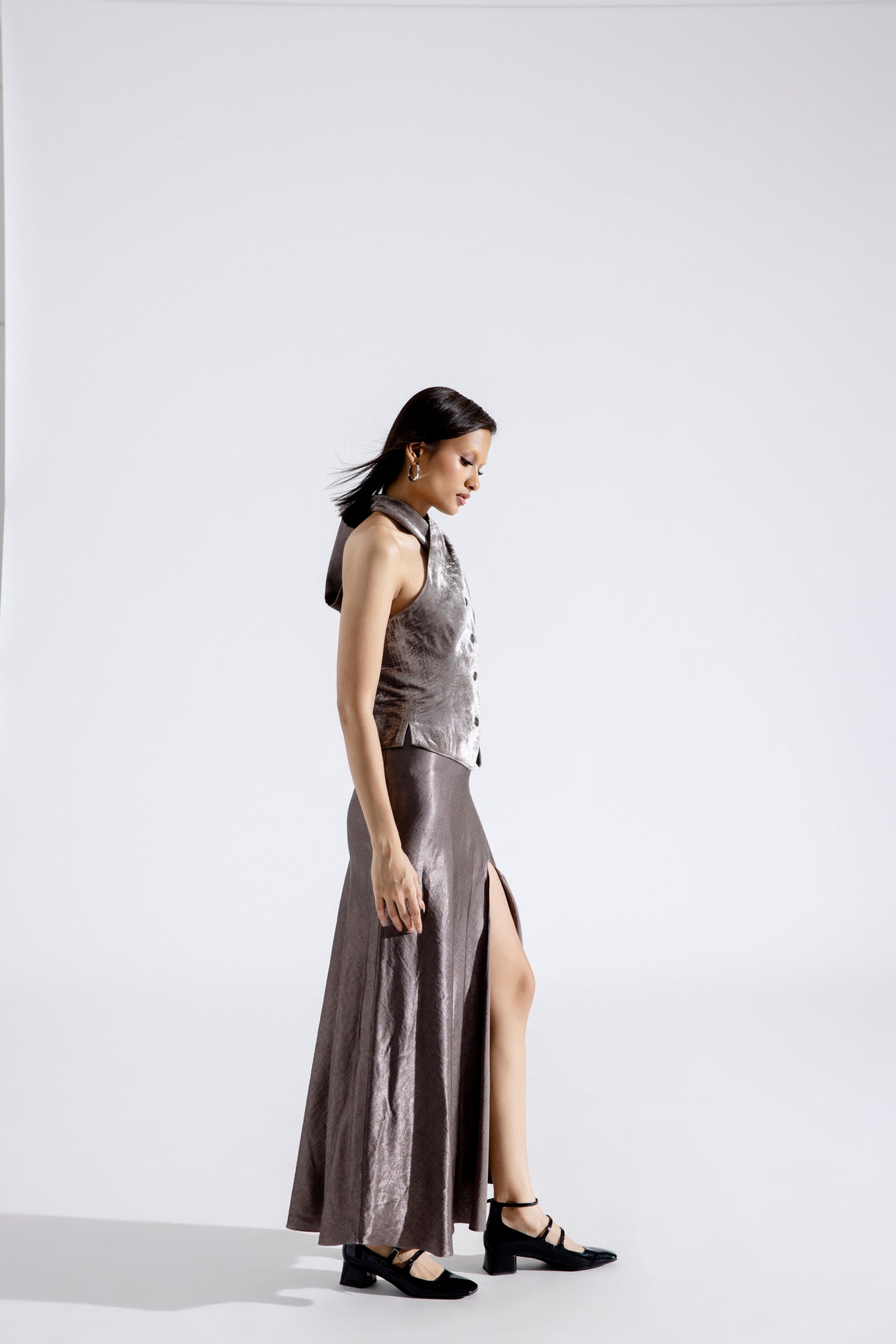 Sleek Steel Velvet Waistcoat Skirt Set