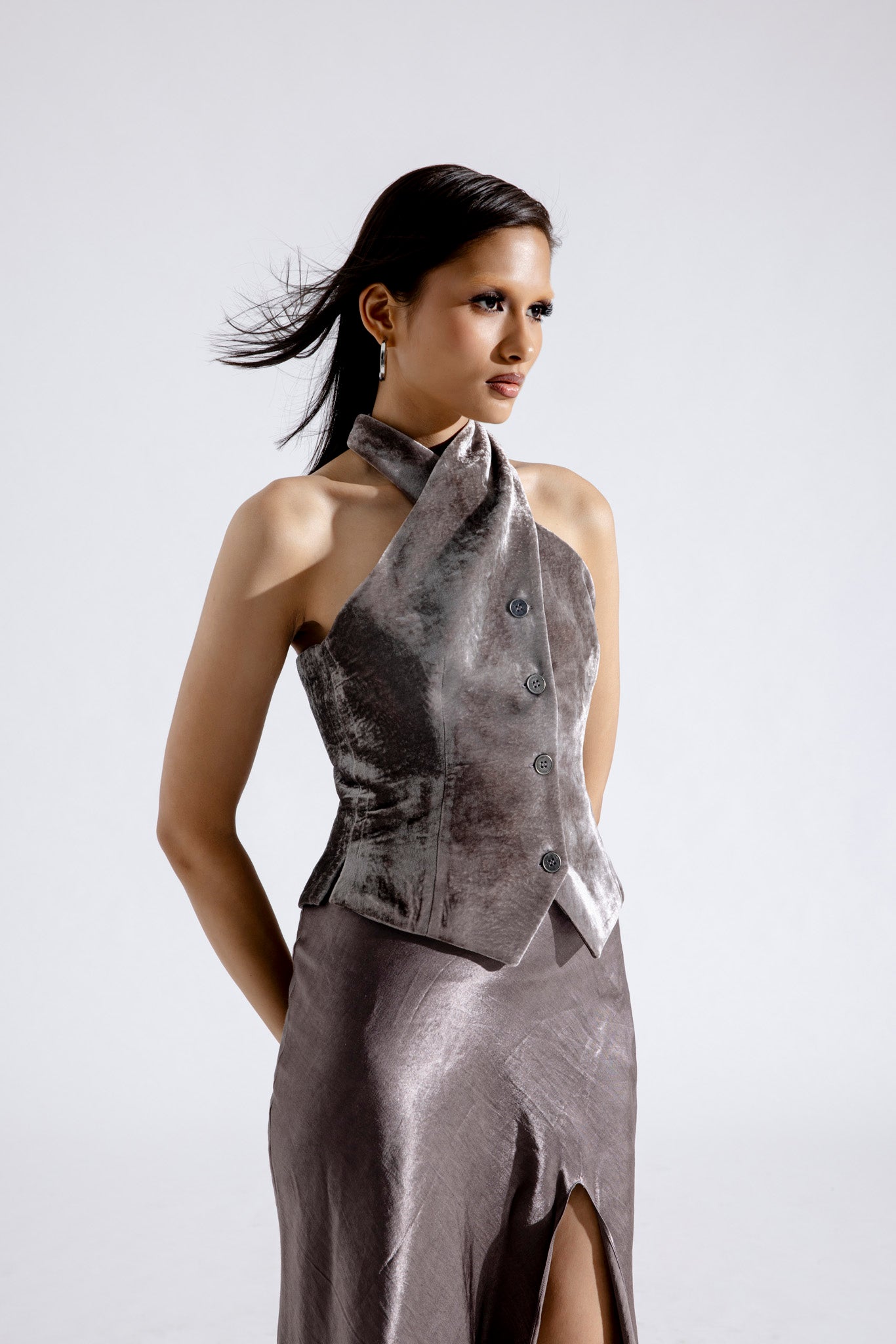 Sleek Steel Velvet Waistcoat Skirt Set