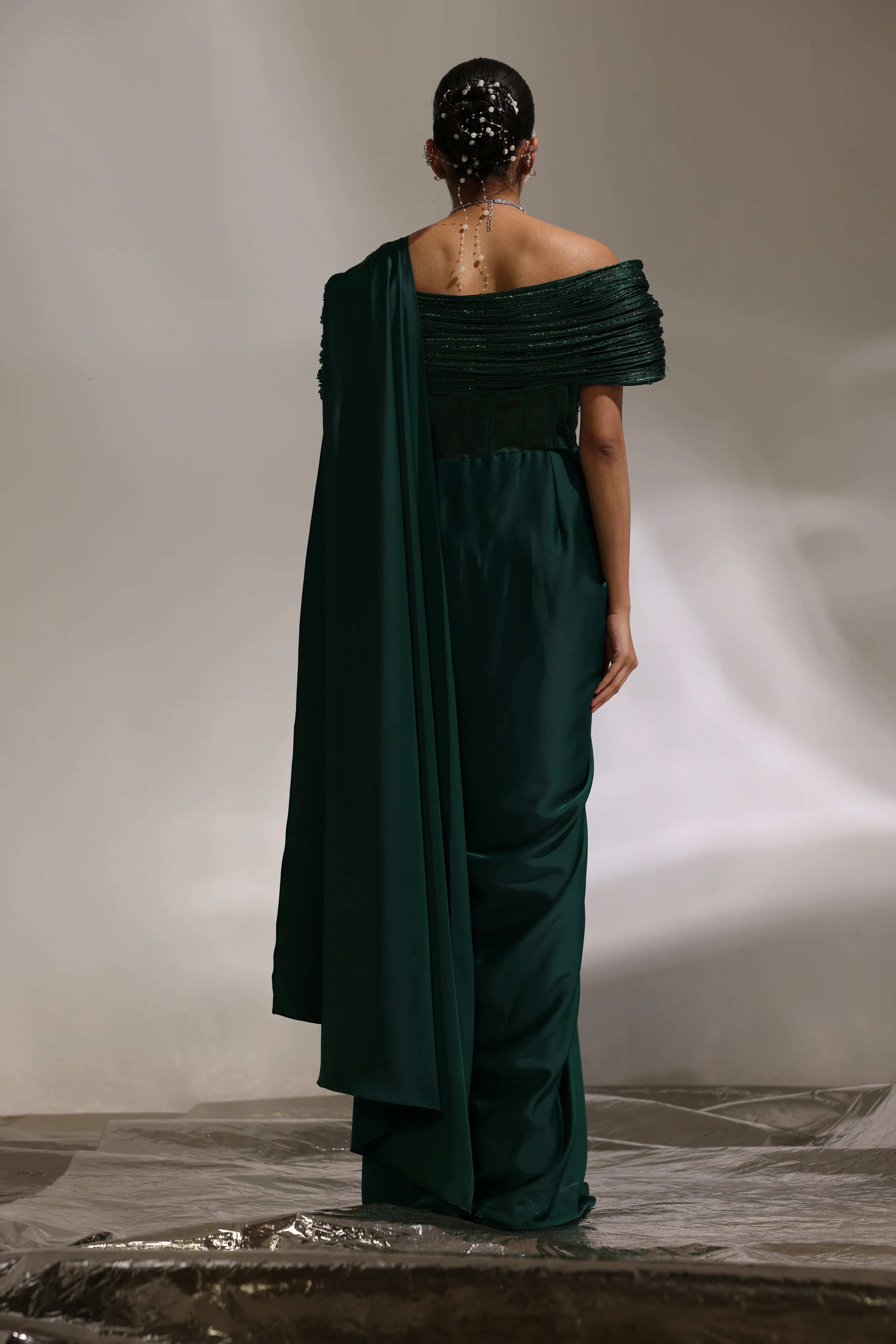 Forest Green Structured Draped Saree