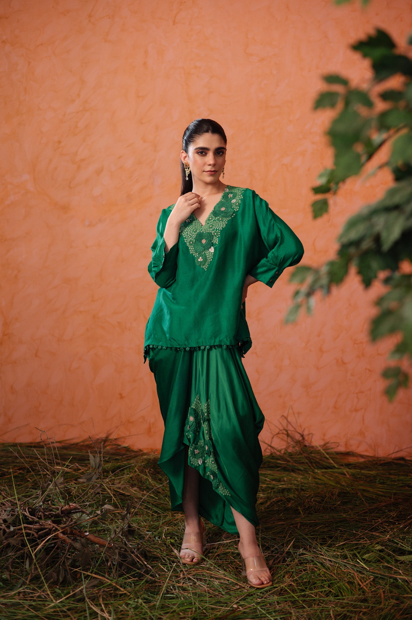 Green Floral Embroidered Top & Drape Skirt