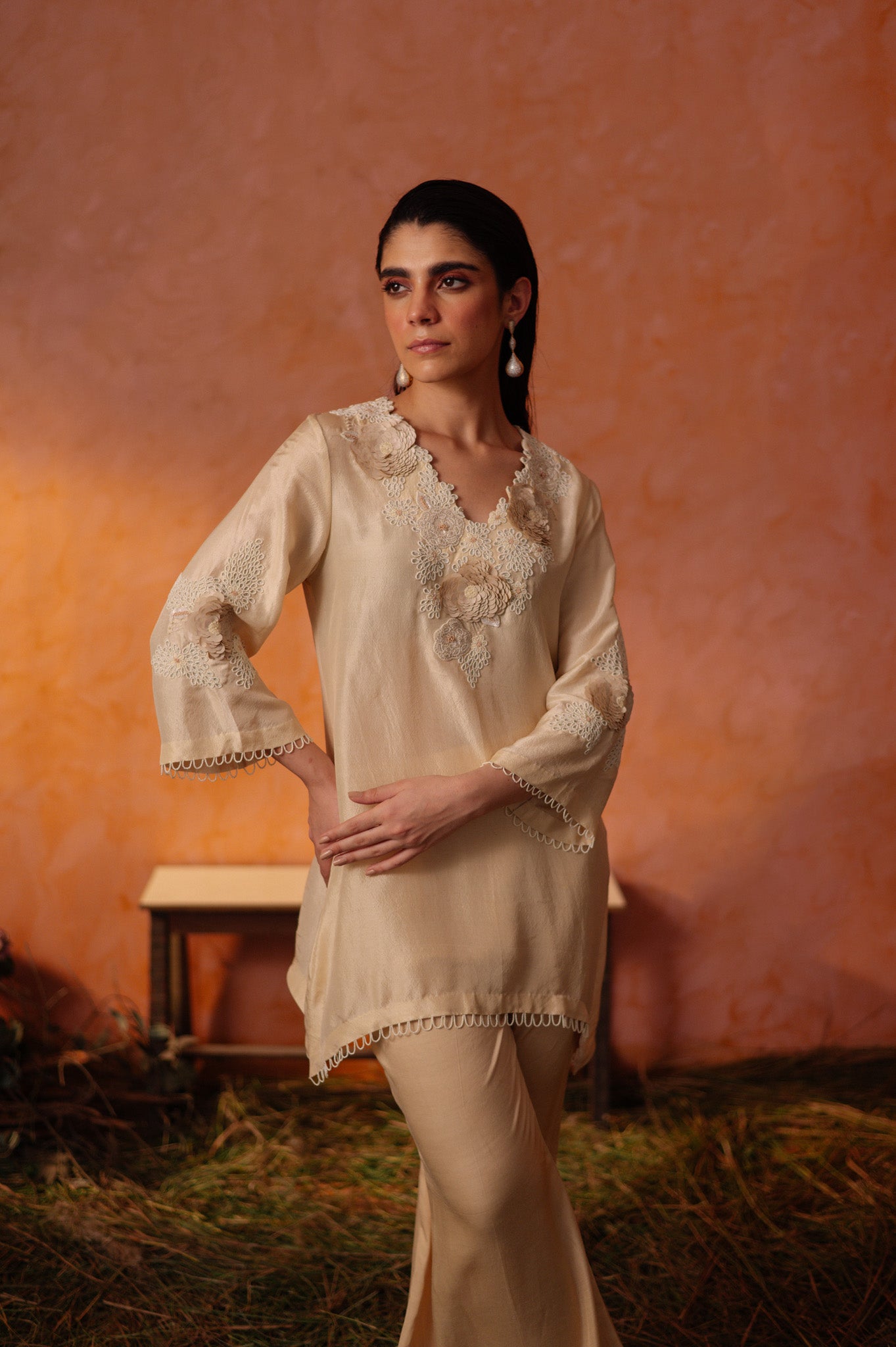 Ivory Floral Embroidered Short Kurta & Bell Bottom Pants