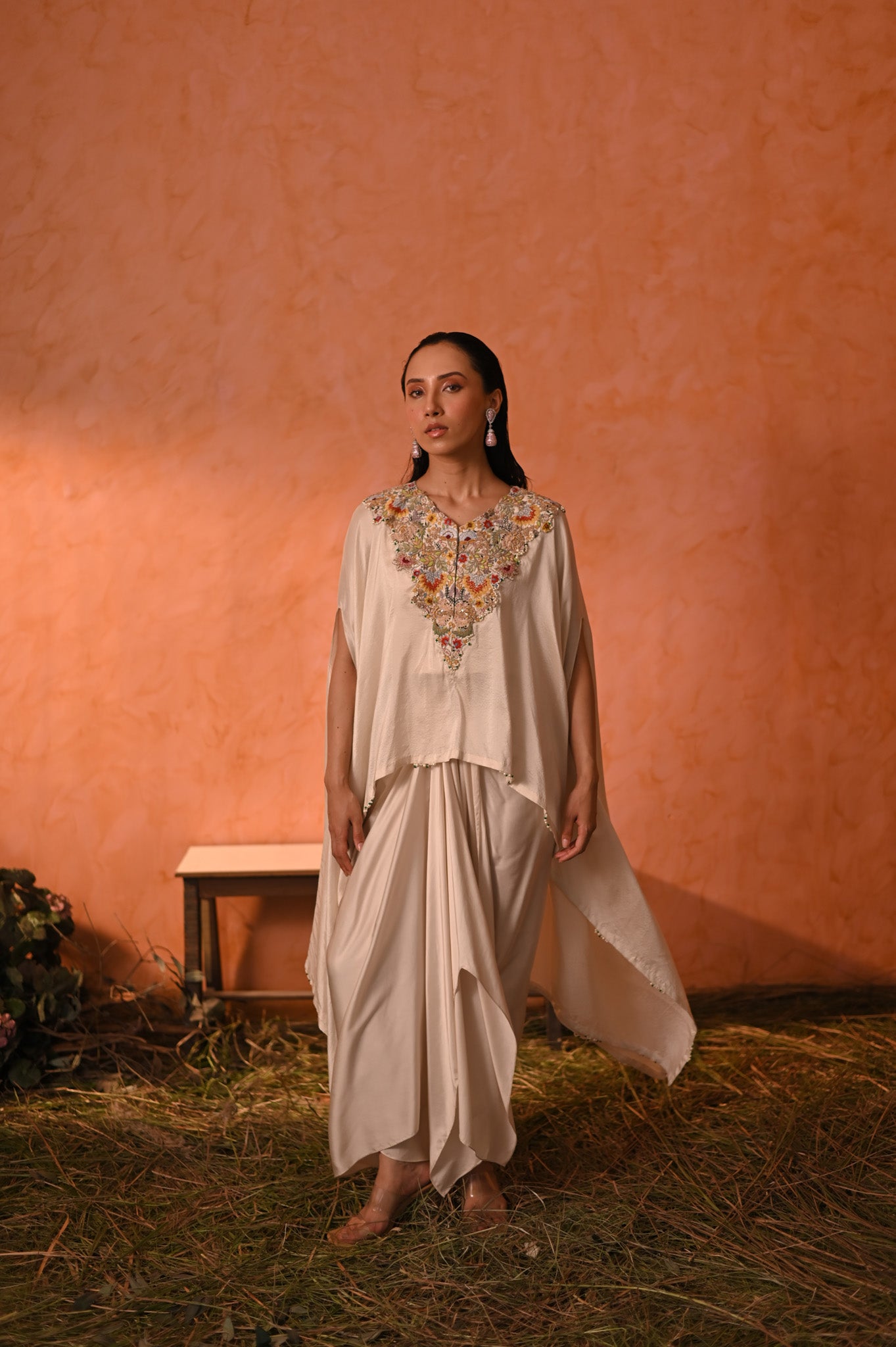 Ivory Cape With Embroidery & Wrap Skirt