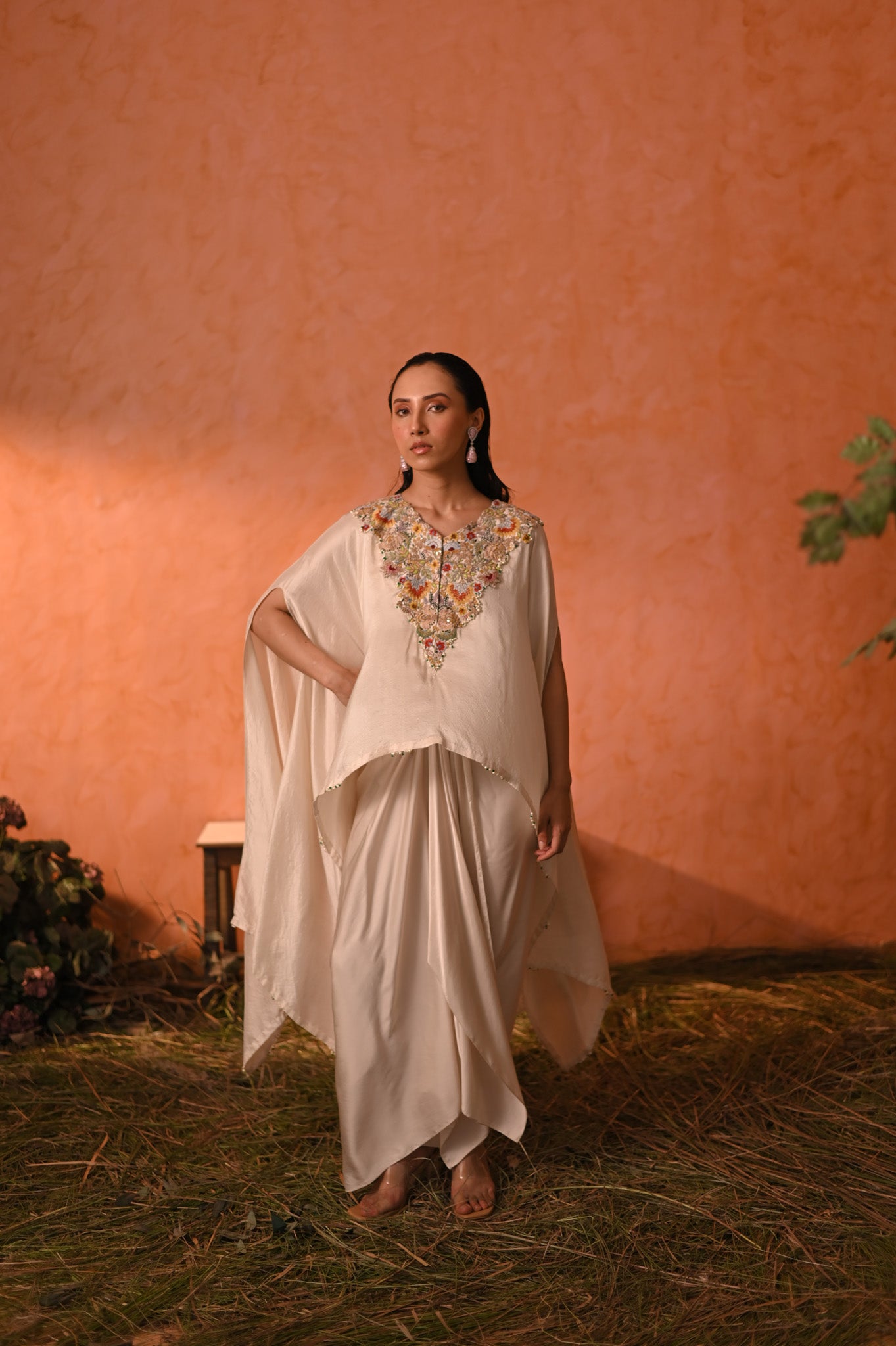 Ivory Cape With Embroidery & Wrap Skirt