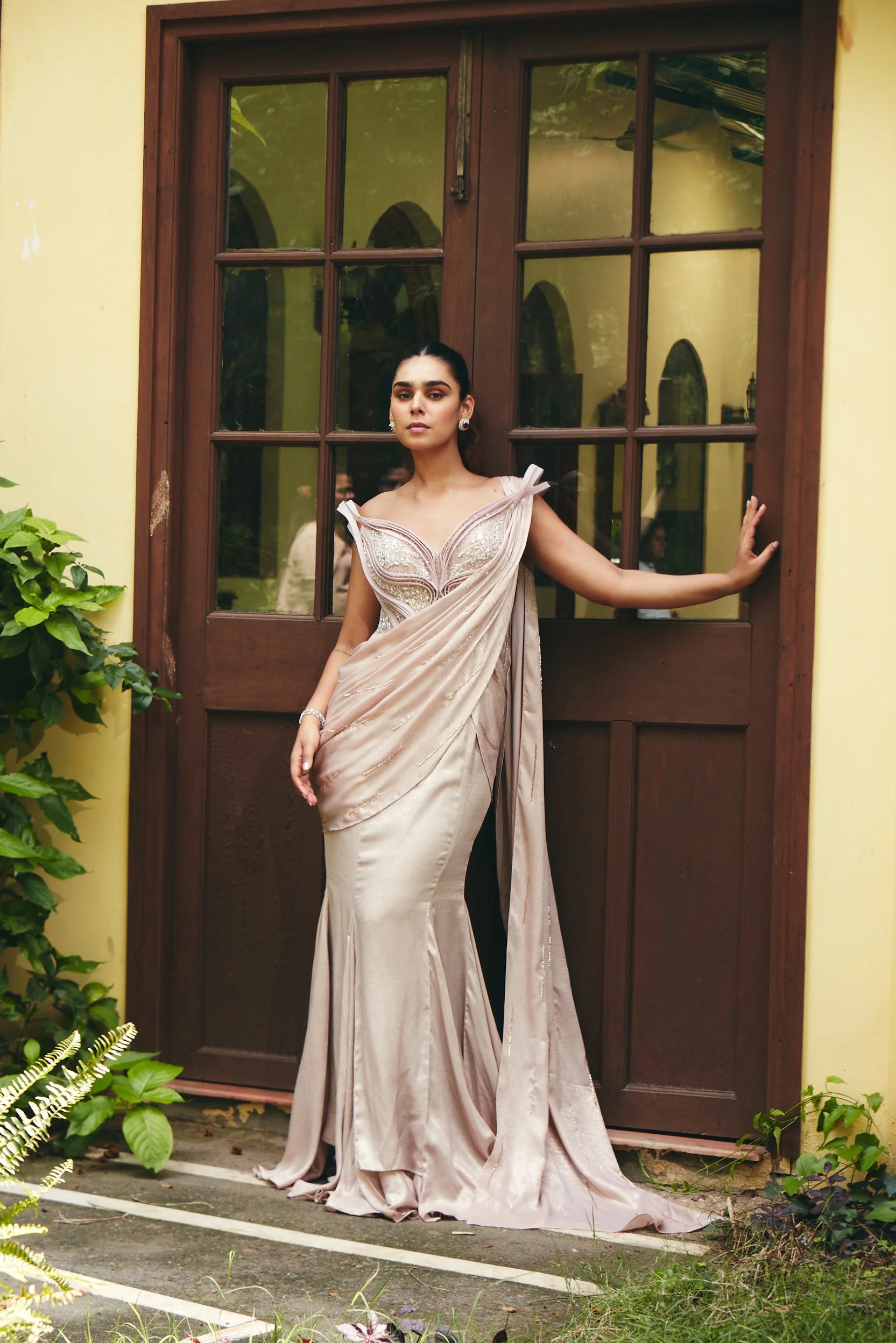 Blush Peach Sculpted Pre-Draped Saree
