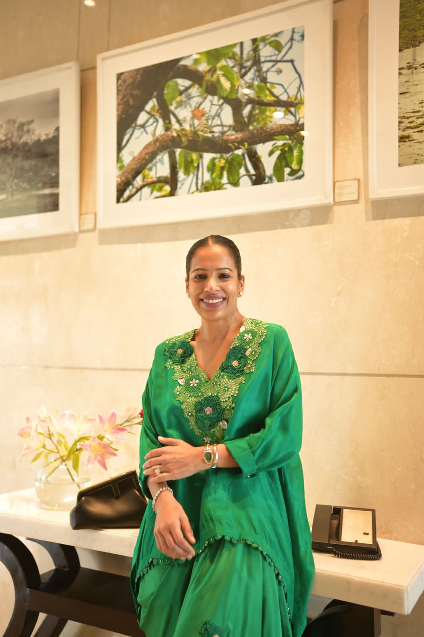 Green Floral Embroidered Top & Drape Skirt