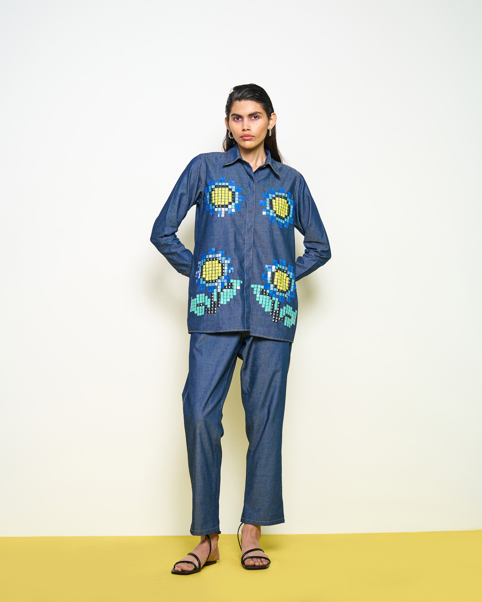 Denim Sunflower Shirt Pant Set